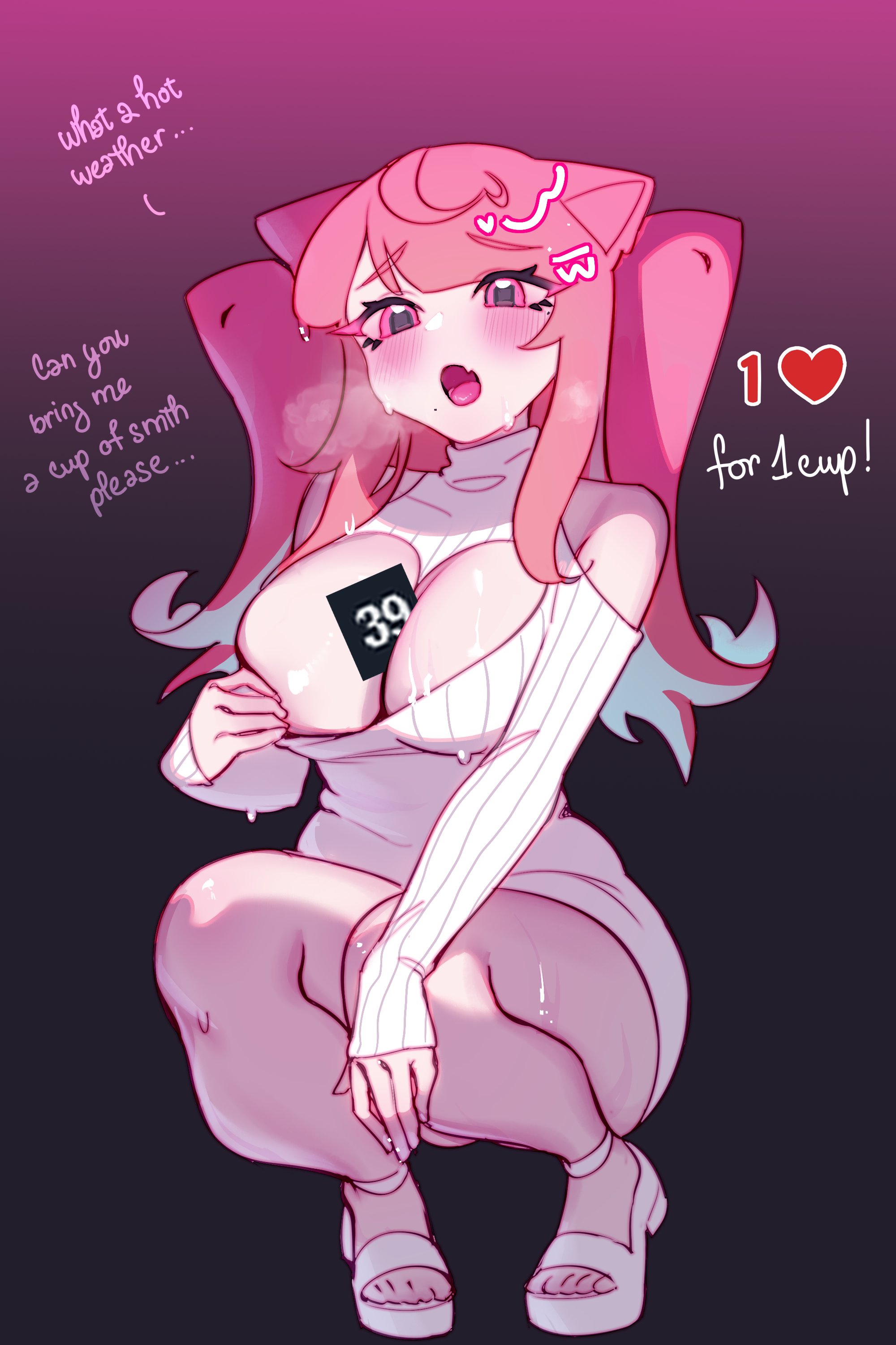 1girls, 2:3, 2023, absurd res, ahoge, animal ears, bare shoulders, between breasts, blush, breasts, cat ears, cat girl, catgirl, cleavage, cleavage cutout, clothing, dress, english text, eyebrows visible through hair, fangs, feet, female, female only, full body, gradient background, hair ornament, hairclip, heart, heart ahoge, heart cutout, heat, heavy breathing, high heels, highres, large breasts, long hair, long sleeves, long twintails, mae algae, mae algae (character), matching hair/eyes, milestone celebration, mole, mole under eye, mole under mouth, open mouth, original, pink background, pink eyes, pink hair, ribbed sweater, short dress, shoulder cutout, simple background, solo, squatting, sweat, sweater, sweater dress, sweating, text, thick thighs, thighs, tied hair, tight clothing, toes, tongue, turtleneck, turtleneck sweater, twintails, twitter, twitter strip game, white sweater