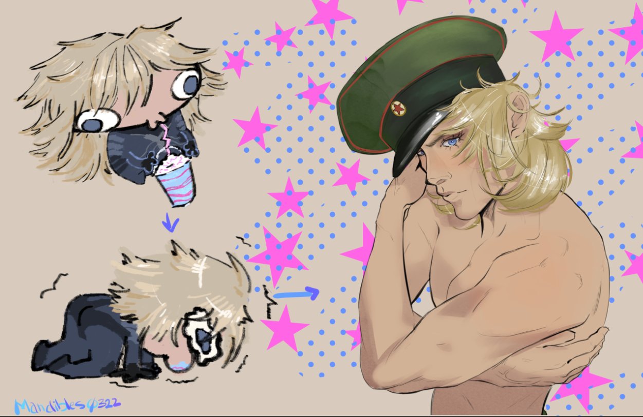 blonde_hair blue_eyes blush femboy gay grimace_shake ivan_raidenovitch_raikov looking_at_viewer male_only mandibles0332 mcdonald's meme metal_gear_solid metal_gear_solid_2 metal_gear_solid_3 military muscular_male nude raiden_(metal_gear) raikov russian solo_male topless twink white_skin yassifed