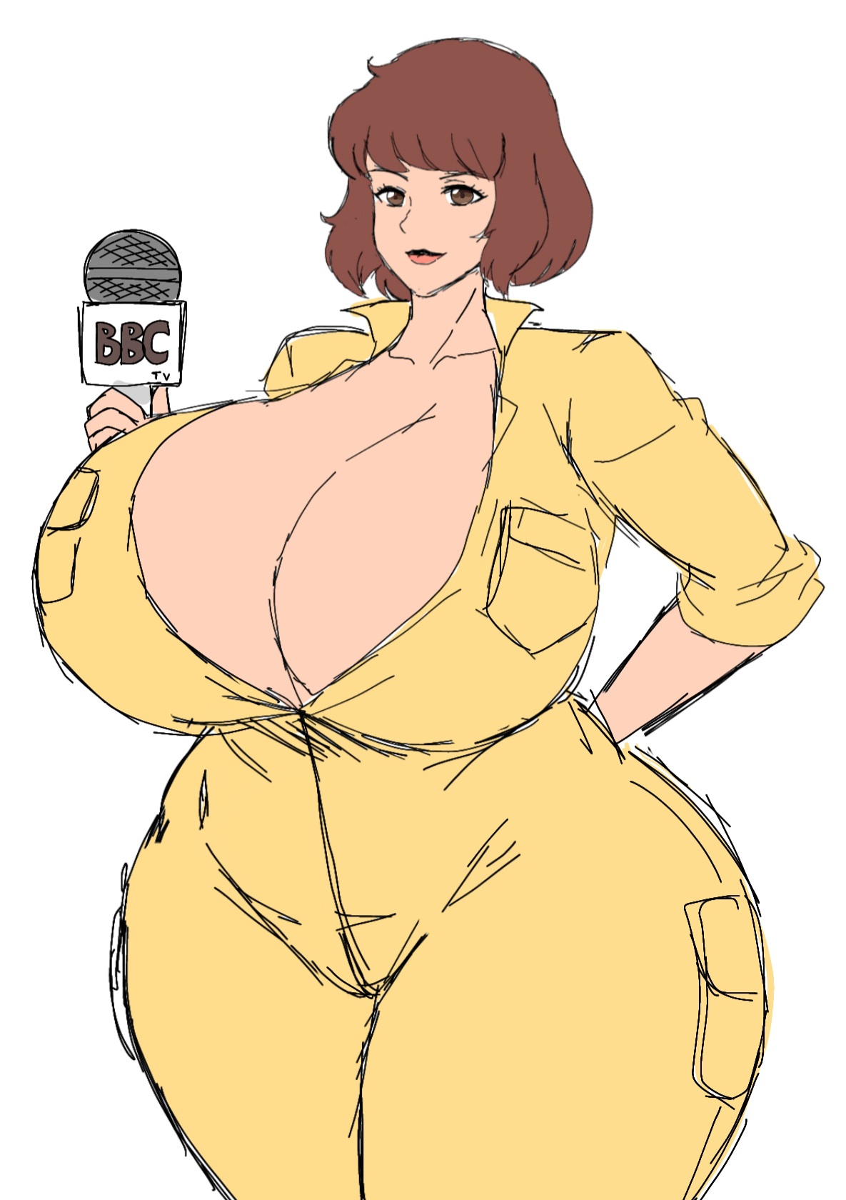 1girls, april o'neil, april o'neil (tmnt 1987), big breasts, breasts, brown hair, brunette hair, cleavage, female, female only, giant breasts, huge breasts, jumpsuit, massive breasts, microphone, momiji (artist), solo, solo female, teenage mutant ninja turtles, thick thighs, tmnt, tmnt 1987, voluptuous, voluptuous female, white background, wide hips, yellow jumpsuit