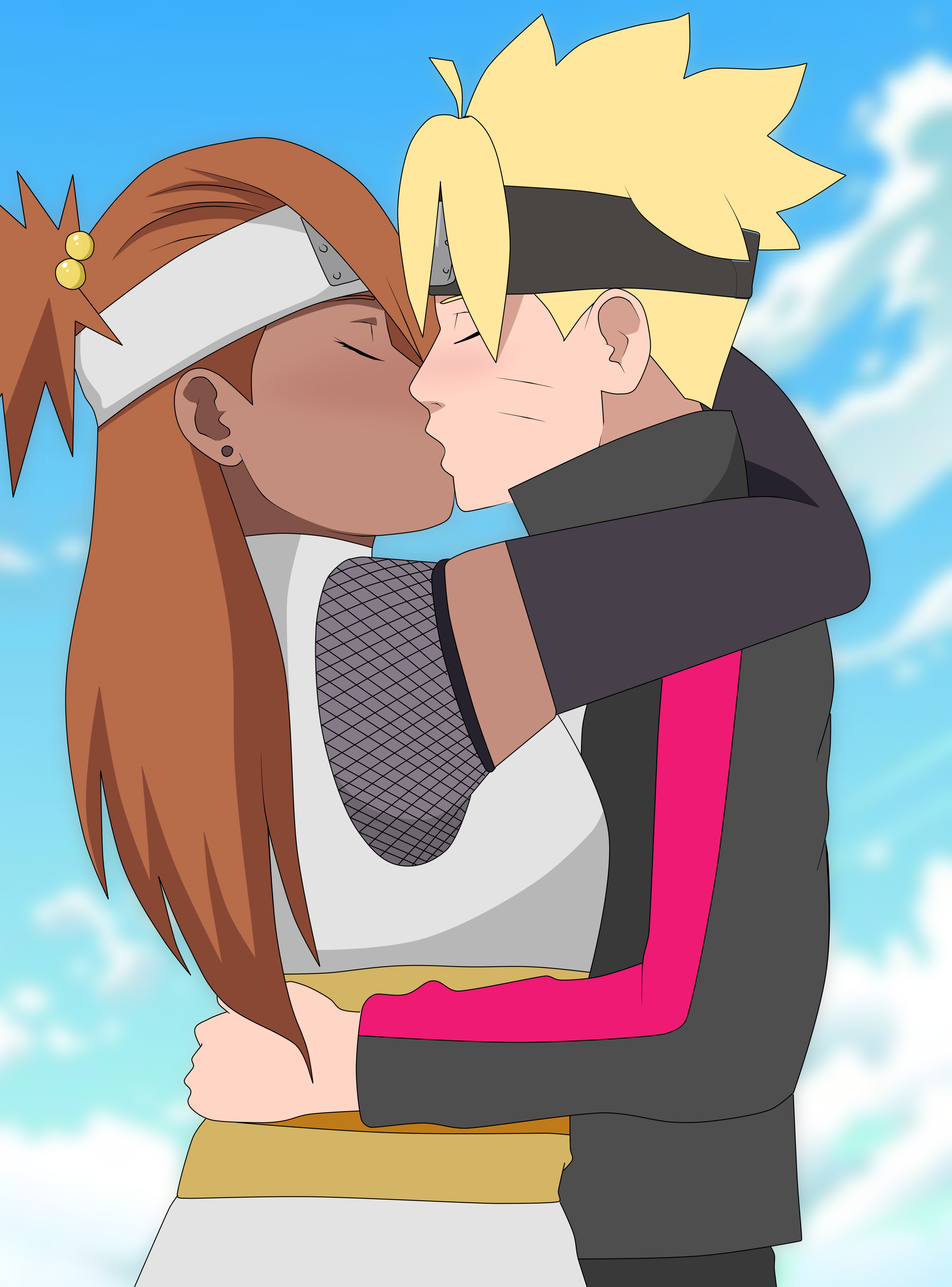 1boy, 1girls, agung911, akimichi chouchou, arms around neck, arms around waist, boruto: naruto next generations, chubby, dark skin, dark-skinned female, earrings, female, headband, interracial, kissing, kunoichi, light skin, light-skinned male, male, male/female, naruto, naruto (series), ninja, orange hair, romantic, romantic couple, straight, twintails, upper body, uzumaki boruto, voluptuous, yellow hair