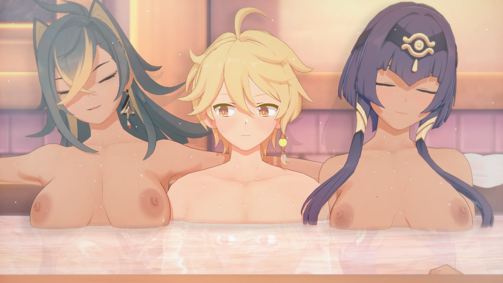 1boy, 2girls, aether (genshin impact), areolae, bath, big breasts, blush, breasts, candace (genshin impact), completely nude, dark skin, dark-skinned female, dehya (genshin impact), female, genshin impact, koikatsu, light skin, light-skinned male, male, nipples, nude, nude female, nude male, nyxxzeiss