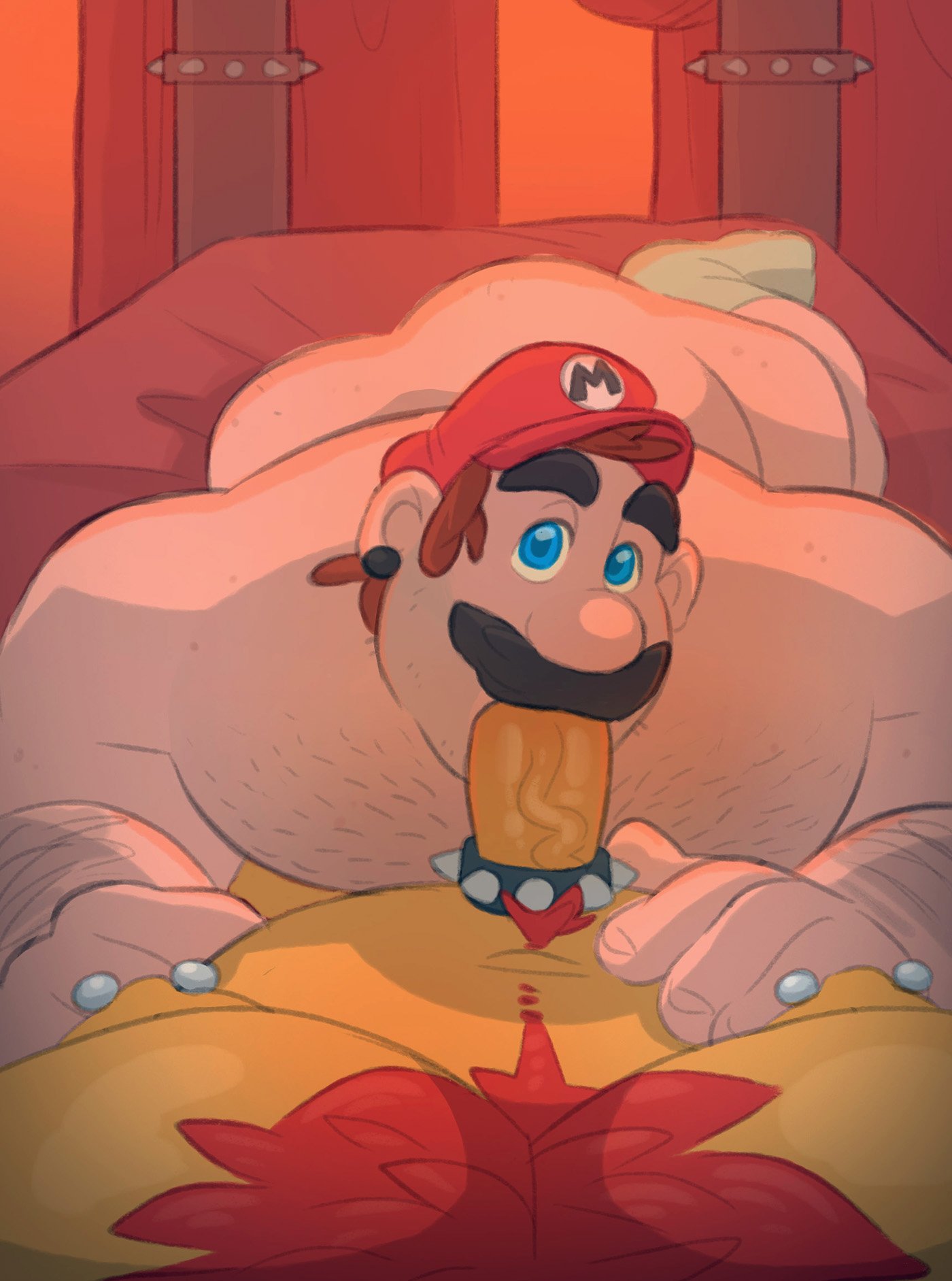 2boys, boner, bowser, bunbunny (artist), cock ring, erection, furry, gay, indoors, interspecies, lying, male, male only, male/male, mario, mario (series), multiple boys, multiple males, nude, on back, oral, penis, smallsrabbit, super mario bros.