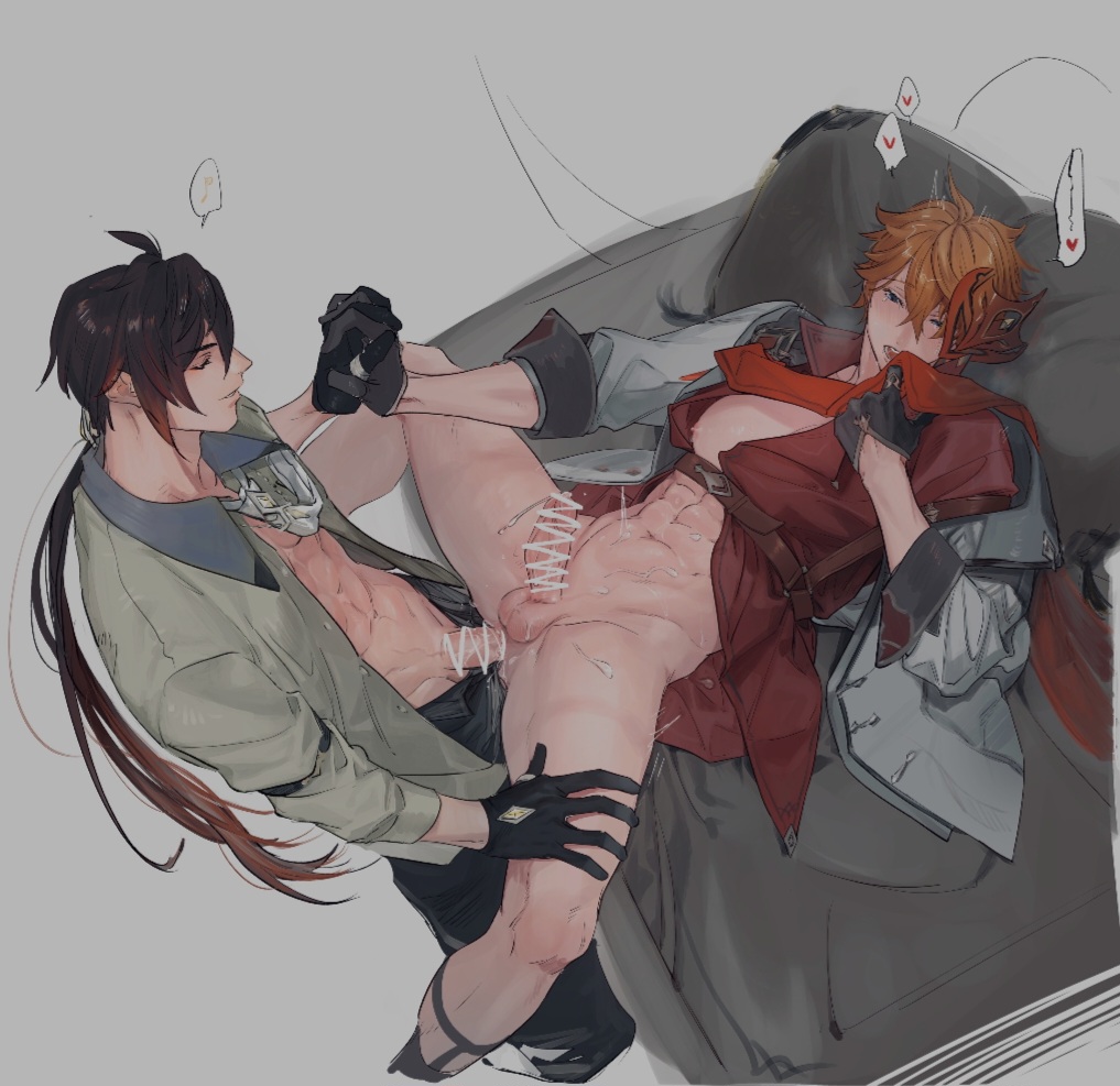 2boys, ass, blushing, childe (genshin impact), clothing, covering face, cum, gay, gay sex, genshin impact, handholding, male, male only, male penetrating, male penetrating male, partially clothed, penis, penis in ass, smirking, spread legs, tartaglia (genshin impact), zhongli (genshin impact)