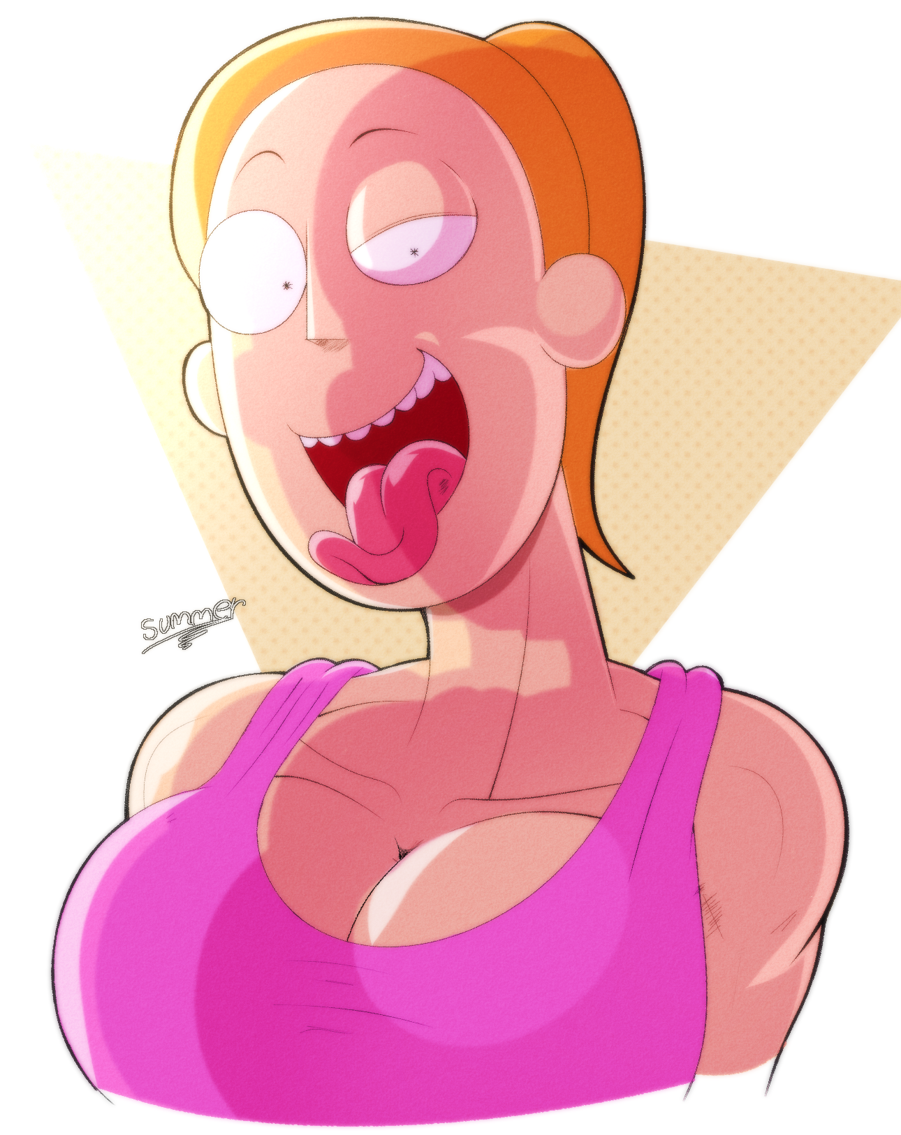 1girls, big breasts, breasts, ceegee, cleavage, eyebrows, female, female focus, female only, large breasts, light skin, light-skinned female, looking at viewer, open mouth, orange hair, orange-eyed female, ponytail, rick and morty, solo, solo female, solo focus, summer smith, tongue, tongue out, watermark