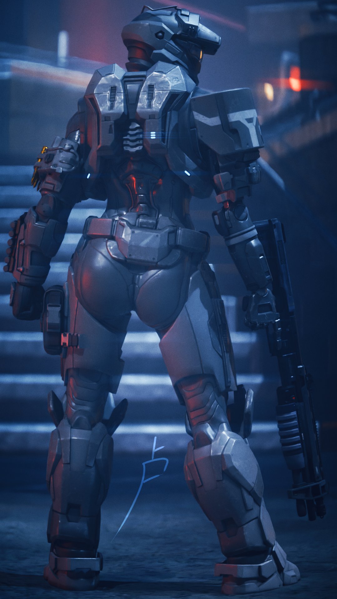 1girls, 3d, 3d (artwork), armor, ass, ellie a376 (ruby76), female, halo (series), helmet, holding weapon, power armor, spartan (halo), xboxer214