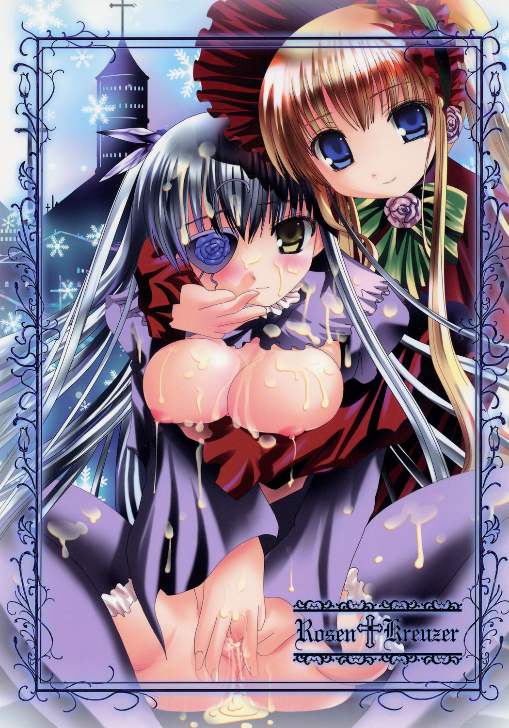 2girls barasuishou breast_hold cum female kaitsuushin lolita_fashion masturbation multiple_girls namamo_nanase nipples nopan oppai rozen_maiden shinku thighhighs yuri