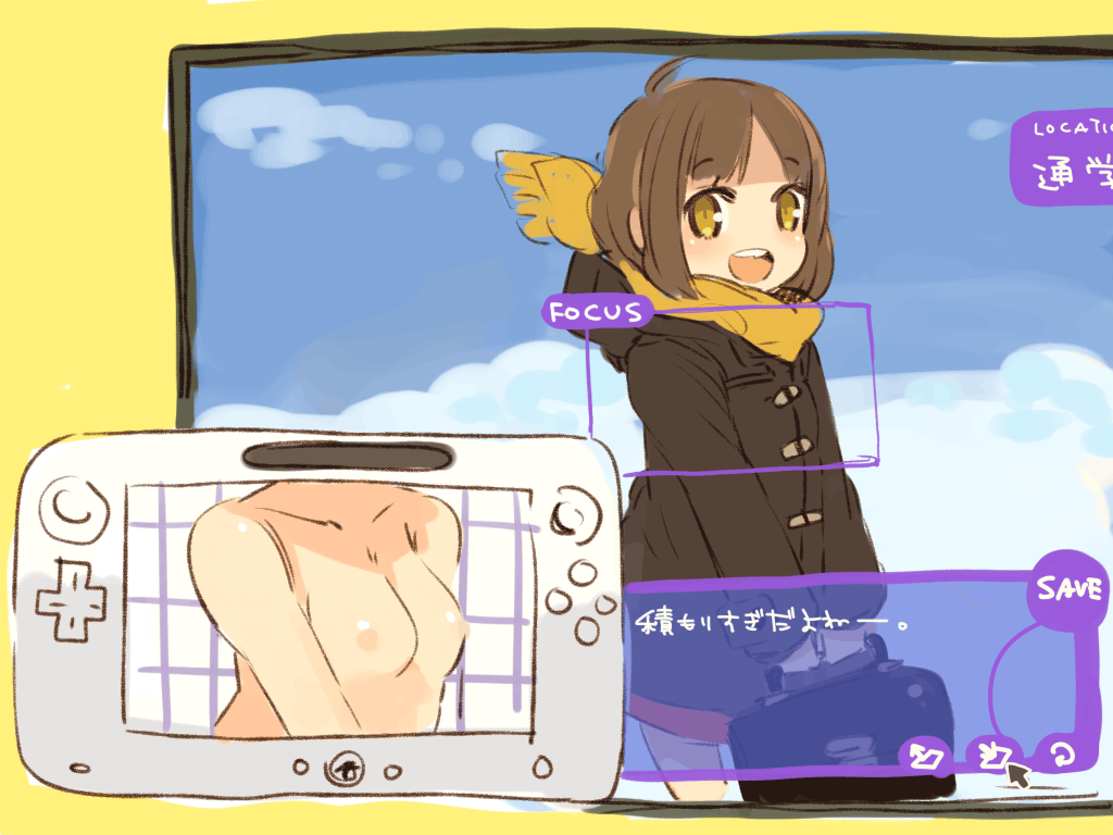 bag breasts brown_hair fake_screenshot female flat_chest gaming mota nintendo nipples open_mouth original scarf short_hair sketch solo translation_request wii wii_u x-ray_vision yellow_eyes