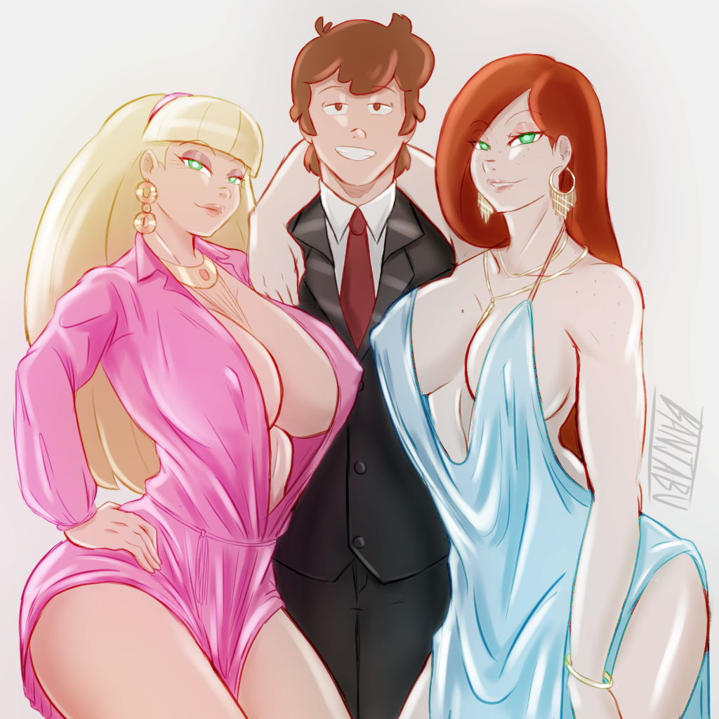 1boy 2girls ass banjabu big_breasts blonde_hair breasts brown_eyes brown_hair dipper_pines dress ginger gravity_falls green_eyes light-skinned_female light-skinned_male low_cut_dress multiple_girls pacifica_northwest red_hair redhead suit tagme wendy_corduroy