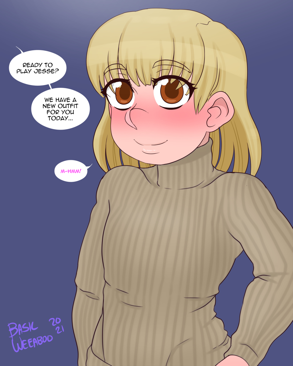 basicweeaboo blonde_hair brown_eyes clothed dialogue girly jesse_(basicweeaboo) male sweater