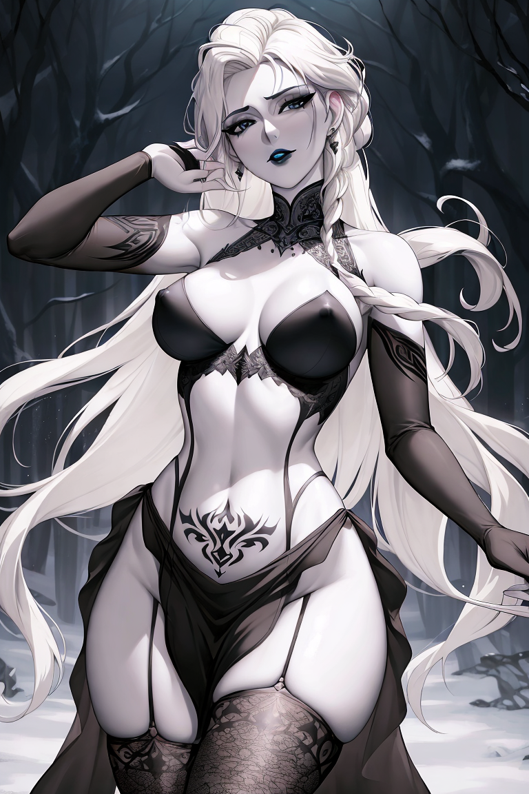 ai_generated black_choker black_fishnet_pantyhose black_thighhighs choker disney disney_princess elsa_(frozen) frozen_(film) goth gothified hylian_r34 lingerie outdoors outside platinum_blonde_hair pubic_tattoo