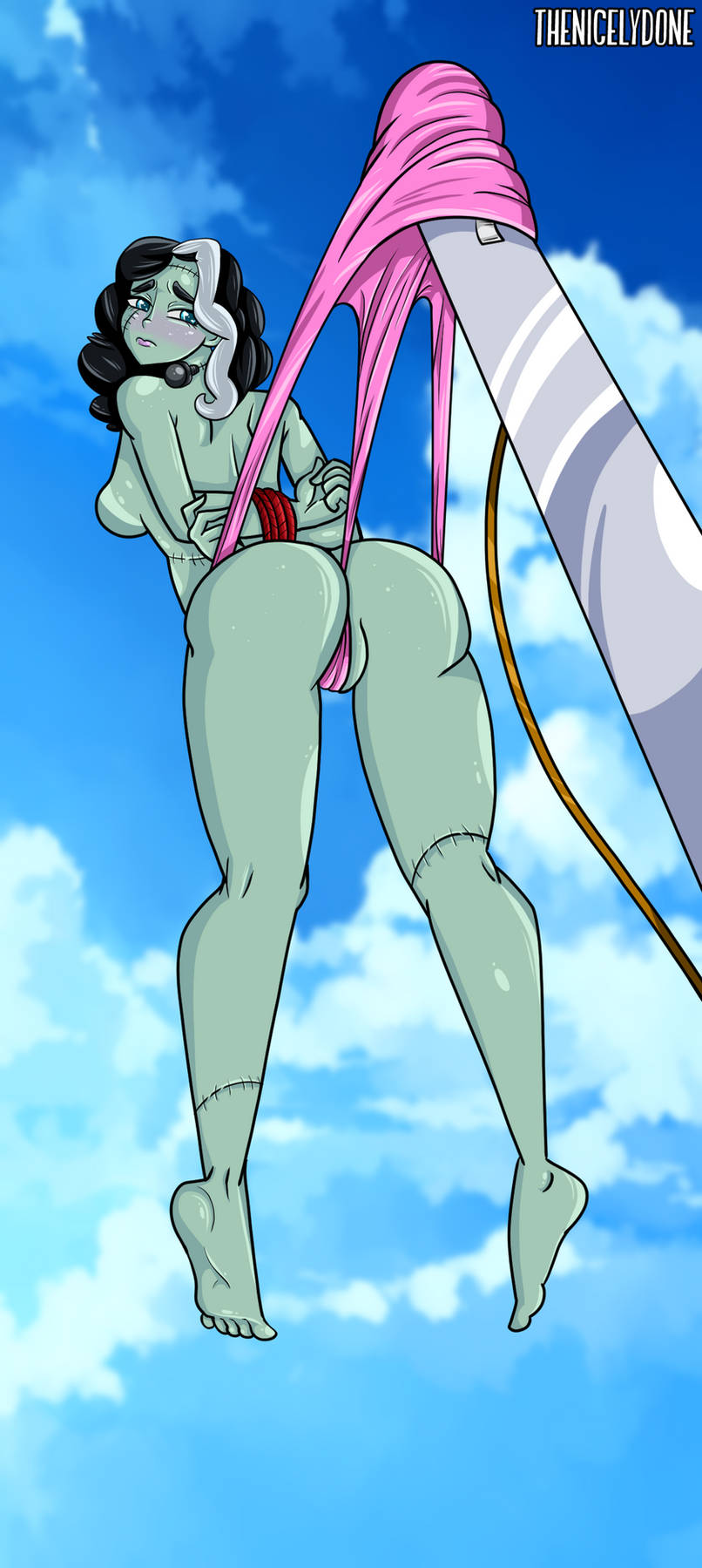 arms_behind_back arms_tied_behind_back black_hair blue_eyes blush female flagpole green_skin hanging_wedgie looking_back monster_prom panties pink_panties pink_underwear thenicelydone topless topless_female underwear vicky_schmidt wedgie wedgies white_strand_of_hair white_streak