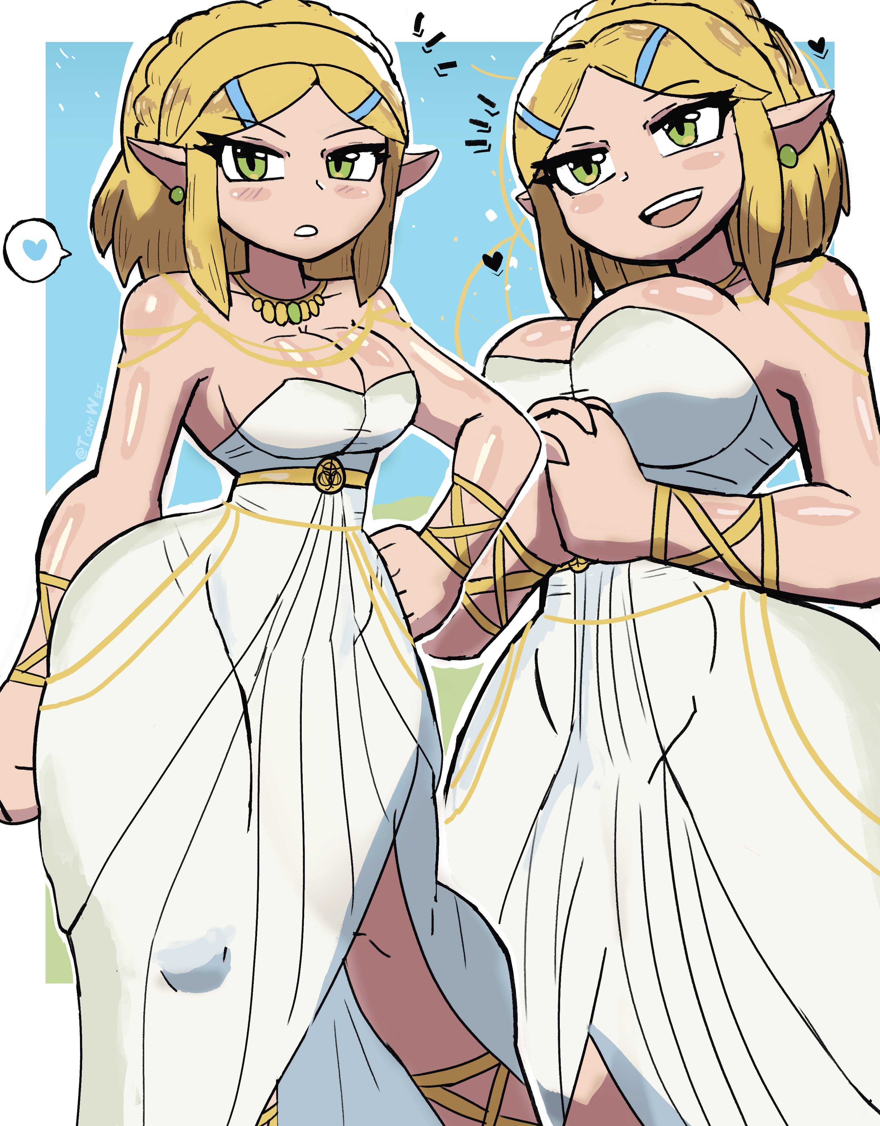 blonde hair, bracelet, clasped hands, cleavage, color, curvy, dress, earrings, female, female only, green eyes, hand on hip, heart, hips, light skin, light-skinned female, necklace, pointy ears, princess zelda, tears of the kingdom, the legend of zelda, tony welt, zelda (tears of the kingdom)