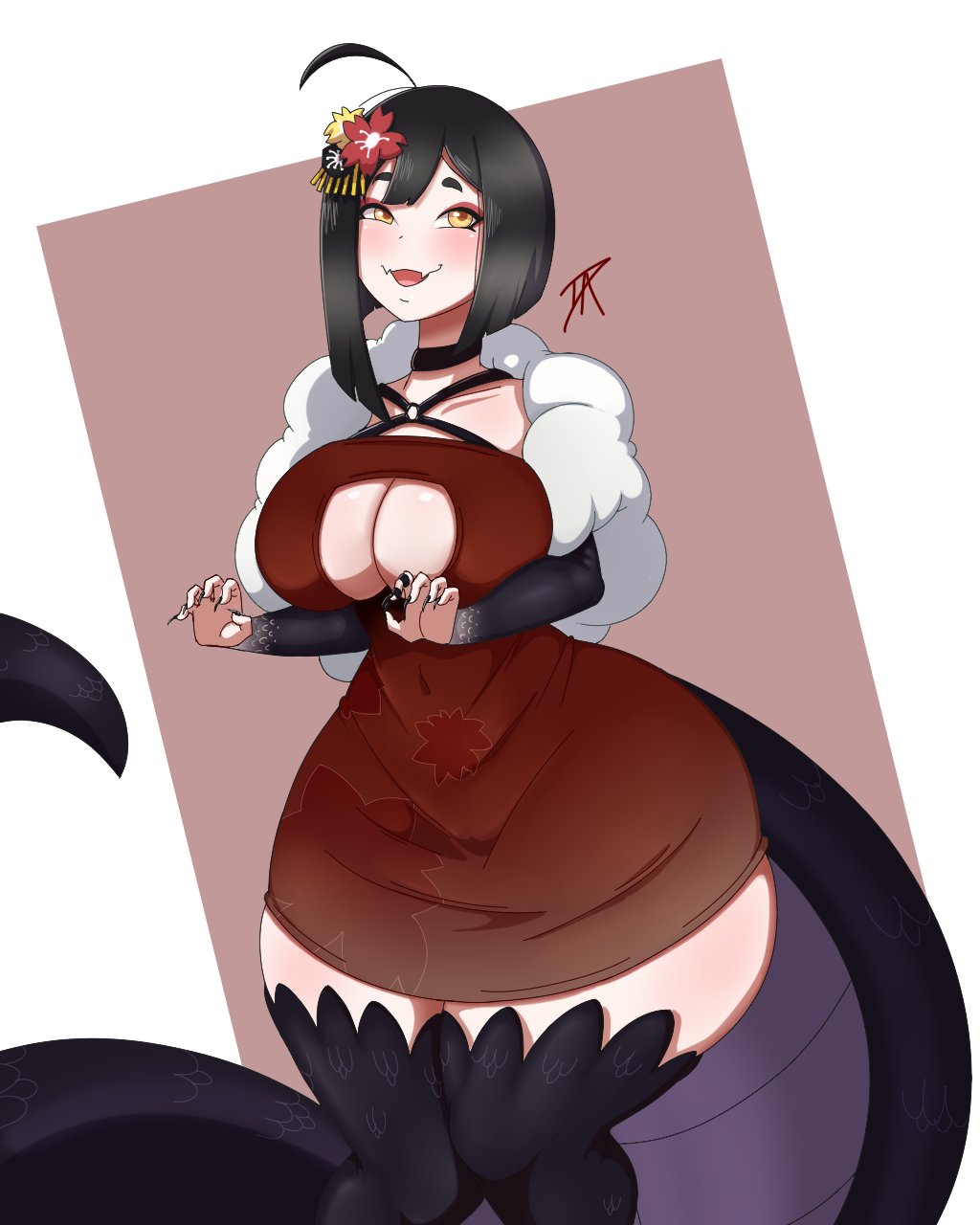 black hair, breasts, cleavage, dalley le alpha, dress, female, female only, indie virtual youtuber, long hair, long tail, saavlewd, thick thighs, virtual youtuber, vtuber, wide hips, yellow eyes, youtube