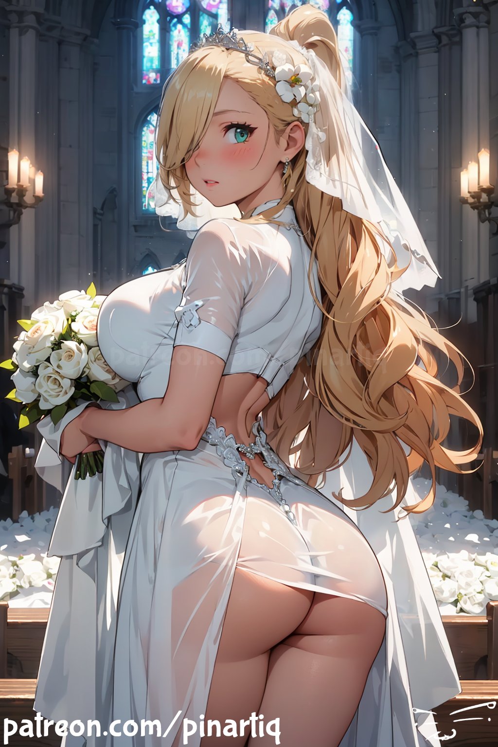 1girls, adapted costume, ai generated, ass, ass focus, back view, bare ass, bare legs, bare thighs, big ass, big breasts, blush, boruto: naruto next generations, breasts, bride, church, dress, earrings, embarrassed, female, flowers, from behind, holding object, huge ass, indoors, ino yamanaka, legs together, long hair, looking at viewer, looking back, milf, nai diffusion, naruto, naruto (series), no panties, patreon username, pinartiq, pinup, ponytail, presenting, presenting ass, rear view, revealing clothes, skimpy, skimpy clothes, stable diffusion, text, thighs, tied hair, url, veil, very long hair, voluptuous, watermark, wedding dress, wedding veil, yamanaka ino