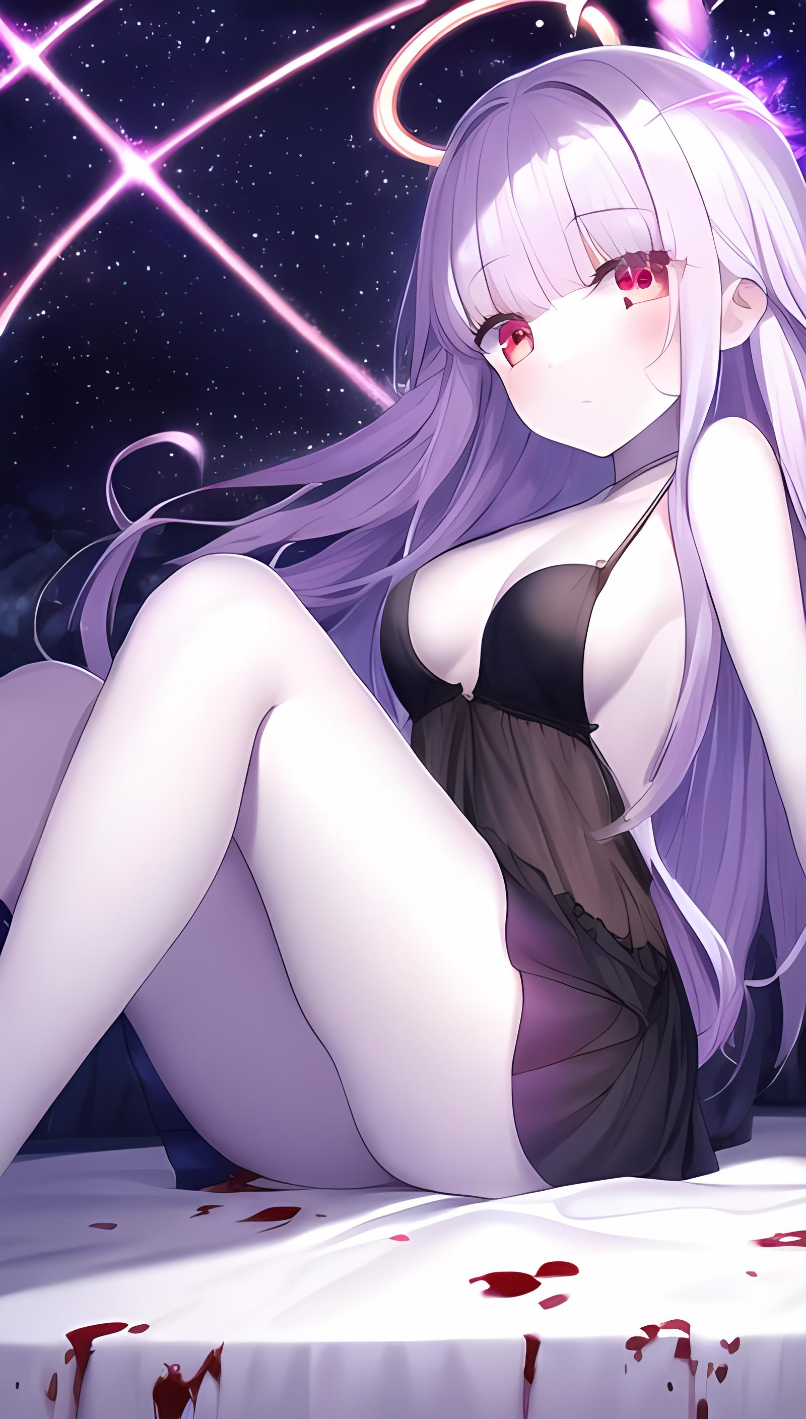 ai generated, bed, blood, blood splatter, blood stain, female, hylian r34, nightgown, overlord (maruyama), purple hair, purple skin, red eyes, shalltear bloodfallen, stars, tagme