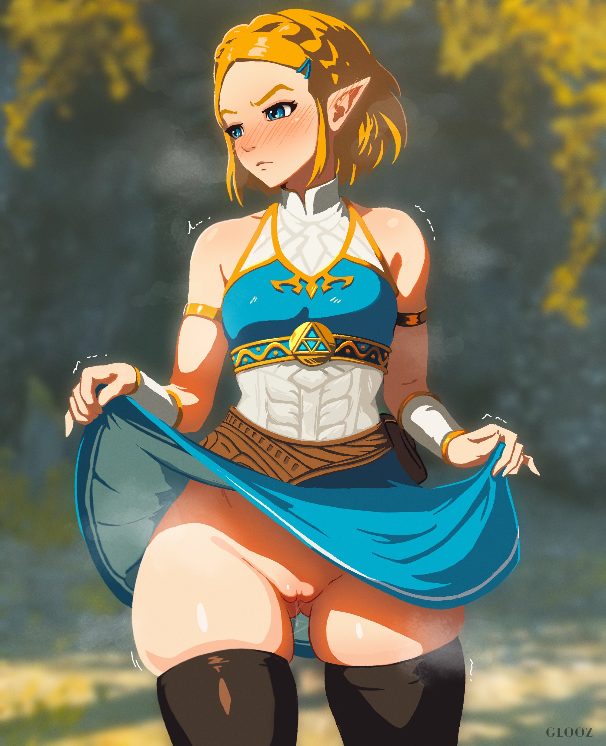 1girls, bare shoulders, blonde female, blonde hair, blue eyes, blush, blushing, bottomless, bottomless skirt, clothed, dress lift, elf, elf ears, elf female, elf girl, embarrassed, female, female only, glooz, horny, hylian, hylian ears, knife ears, lifting, lifting clothing, lifting dress, lifting shirt, light skin, light-skinned female, miniskirt, nintendo, no panties, princess, princess zelda, pussy, pussy juice, pussy juice drip, pussy out, revealing clothes, revealing pussy, royalty, sharp ears, skirt, tears of the kingdom, the legend of zelda, thick, thick thighs, thigh highs, thighhighs, thighs, wet, wet pussy, zelda (tears of the kingdom)