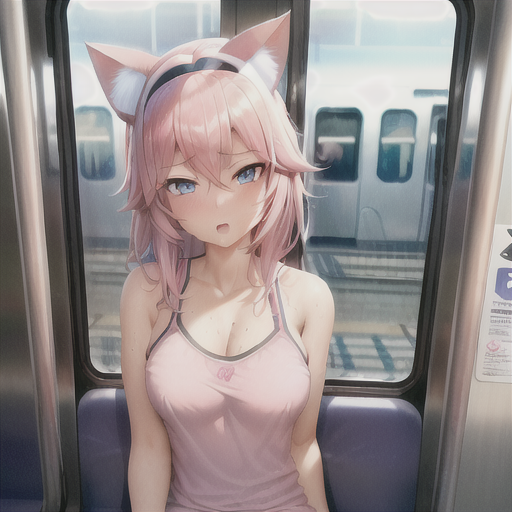 ai_generated animal_ears big_breasts blue_eyes blush confusion diadem head_tilt hi_res hoshino_hikari long_hair original_character overflowing_breasts pink_hair sitting sweaty_breasts tagme tank_top train_interior user_lovespike