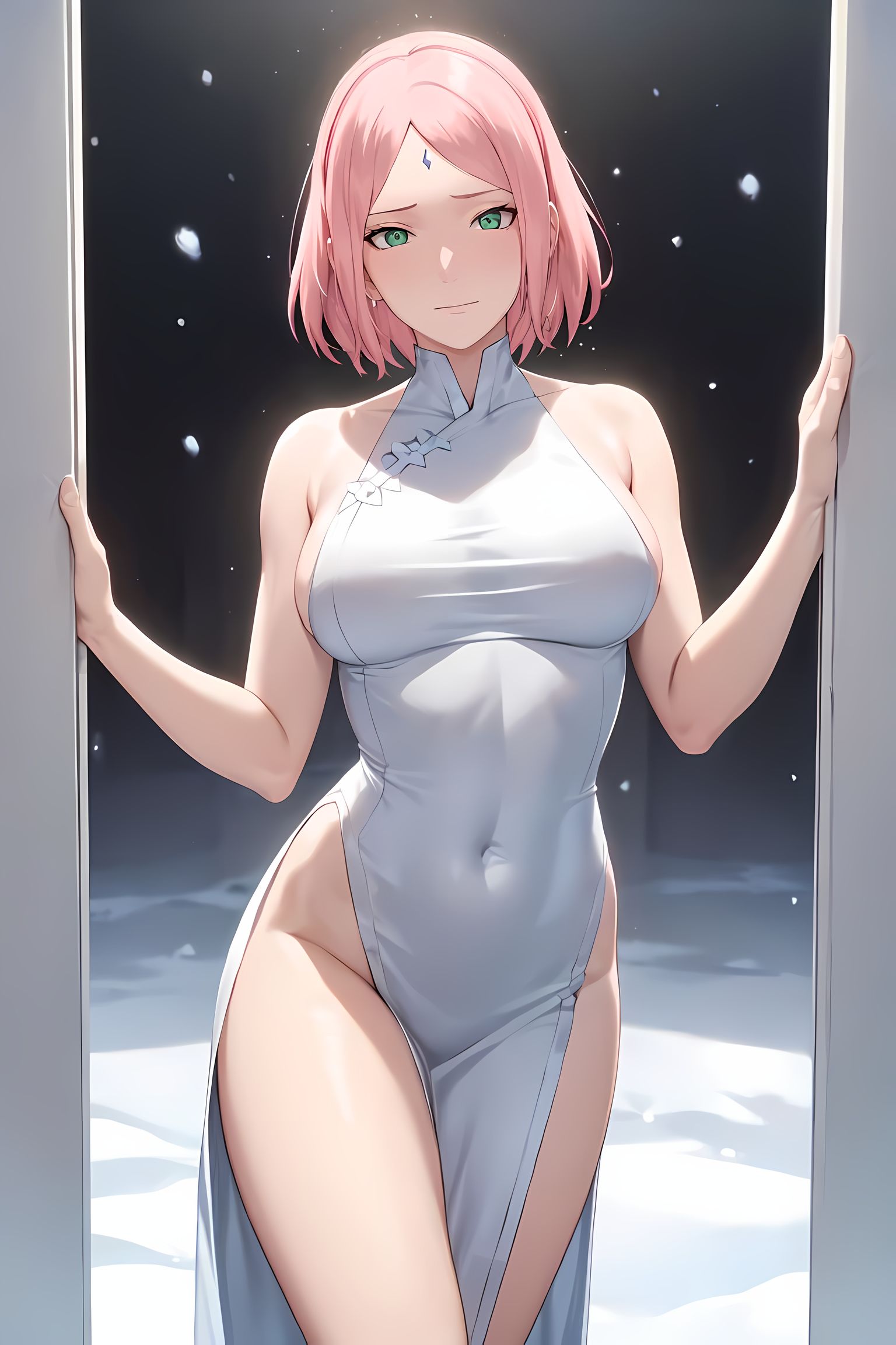 1girls, ai generated, alternate costume, arm support, bare legs, bare shoulders, bare thighs, barely clothed, big breasts, boruto: naruto next generations, breasts, china dress, chinese clothes, curvaceous, dress, embarrassed, facial mark, facing viewer, feet out of frame, female, female only, forehead mark, front view, green eyes, haruno sakura, long dress, long hair, milf, mimi ai, nai diffusion, naruto, naruto (series), no bra, no panties, pelvic curtain, petite, pink hair, pinup, revealing clothes, sakura haruno, short hair, skimpy, skimpy clothes, snow, snowing, solo, stable diffusion, standing, thighs, tight clothing, walking, walking towards viewer, white dress, wide hips