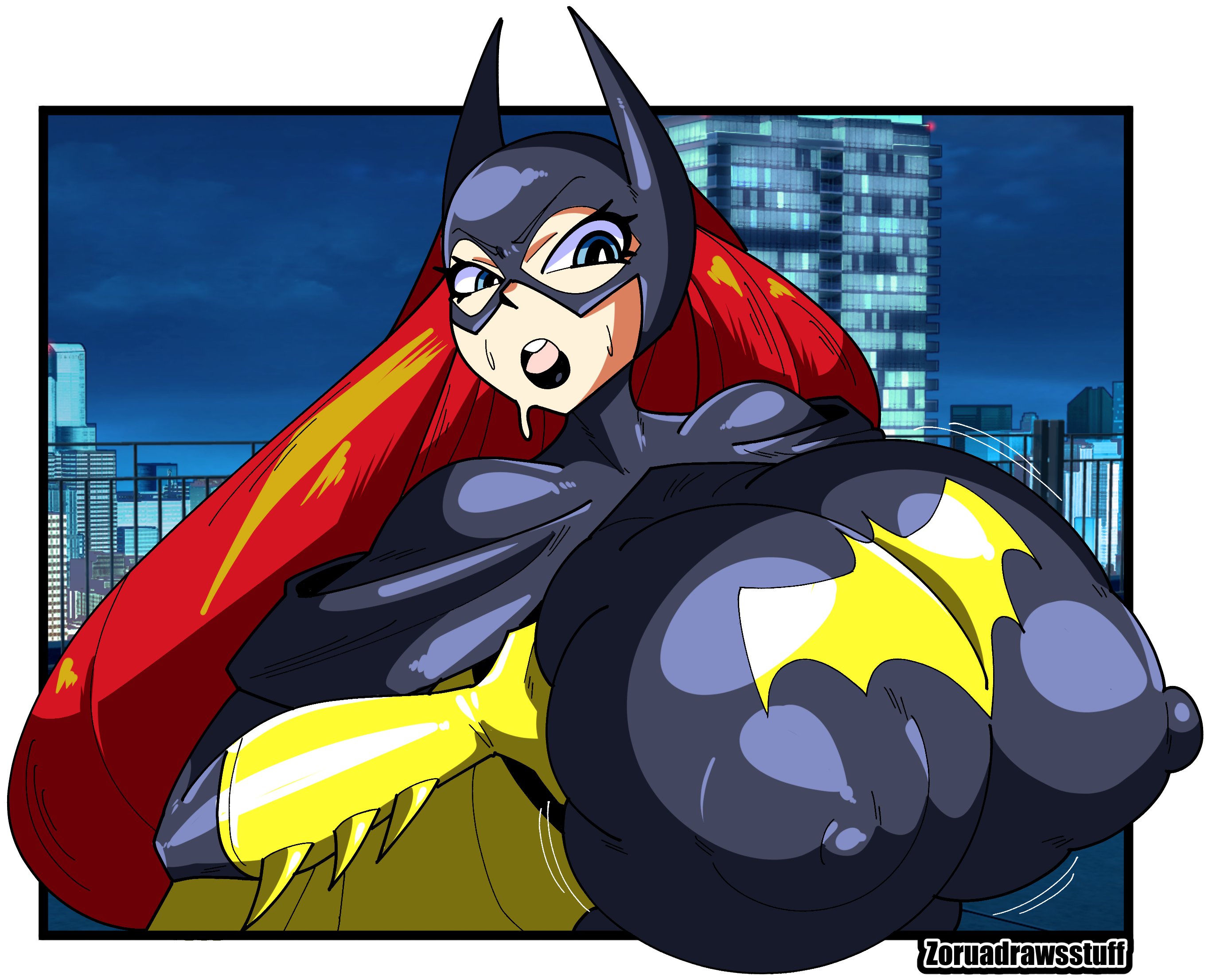 1girls, 2023, areola, areola bulge, artist name, barbara gordon, batgirl, batman (series), big areola, big breasts, big nipples, black bodysuit, black lipstick, bodysuit, breast focus, breast grab, breasts, city background, costume, dc, dc comics, english text, female, female focus, fully clothed, gigantic breasts, grabbing own breast, huge breasts, large breasts, light skin, light-skinned female, lipstick, massive breasts, night, nipple bulge, nipples, nipples visible through clothing, pale skin, pale-skinned female, presenting breasts, red hair, rubber suit, solo, solo focus, superhero costume, superheroine, sweat, sweatdrop, text, tight bodysuit, white border, zoruadrawsstuff