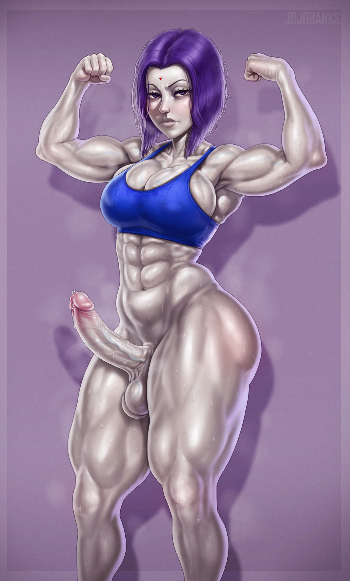 1futa, angry, angry face, armpits, ass, balls, big ass, big balls, big breasts, big hips, big penis, big thighs, bottomless, breasts, clothed, clothing, dc, dc comics, dickgirl, erection, female, flexing, flexing bicep, flexing both biceps, futa only, futanari, humanoid, humanoid penis, intersex, jojobanks, looking at viewer, muscles, muscular, muscular female, muscular futa, pale skin, partially clothed, penis, purple eyes, purple hair, raven (dc), short hair, skindentation, solo, solo female, standing, sweat, sweating, teen titans
