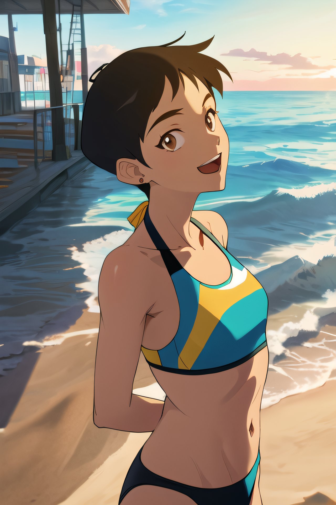 ai generated, beach, bikini, brown eyes, brown hair, dark skin, dark-skinned female, dc, dc comics, doublequack, female, lois lane, lois lane (my adventures with superman), looking at viewer, my adventures with superman, short hair, slim female, solo, stable diffusion, superman (series)