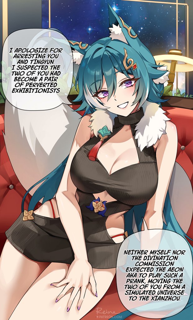 1girls aqua_hair breasts dialogue dress english_text female fluffy_ears fluffy_tail fox_ears fox_girl fox_tail foxy_rain_(foxyreine) foxyrain foxyrain_(foxyreine) foxyreine hips honkai:_star_rail honkai_(series) huge_breasts indoors kemonomimi kitsune light-skinned_female light_skin long_hair purple_eyes smile tail thick_thighs thighs wide_hips yukong_(honkai:_star_rail)