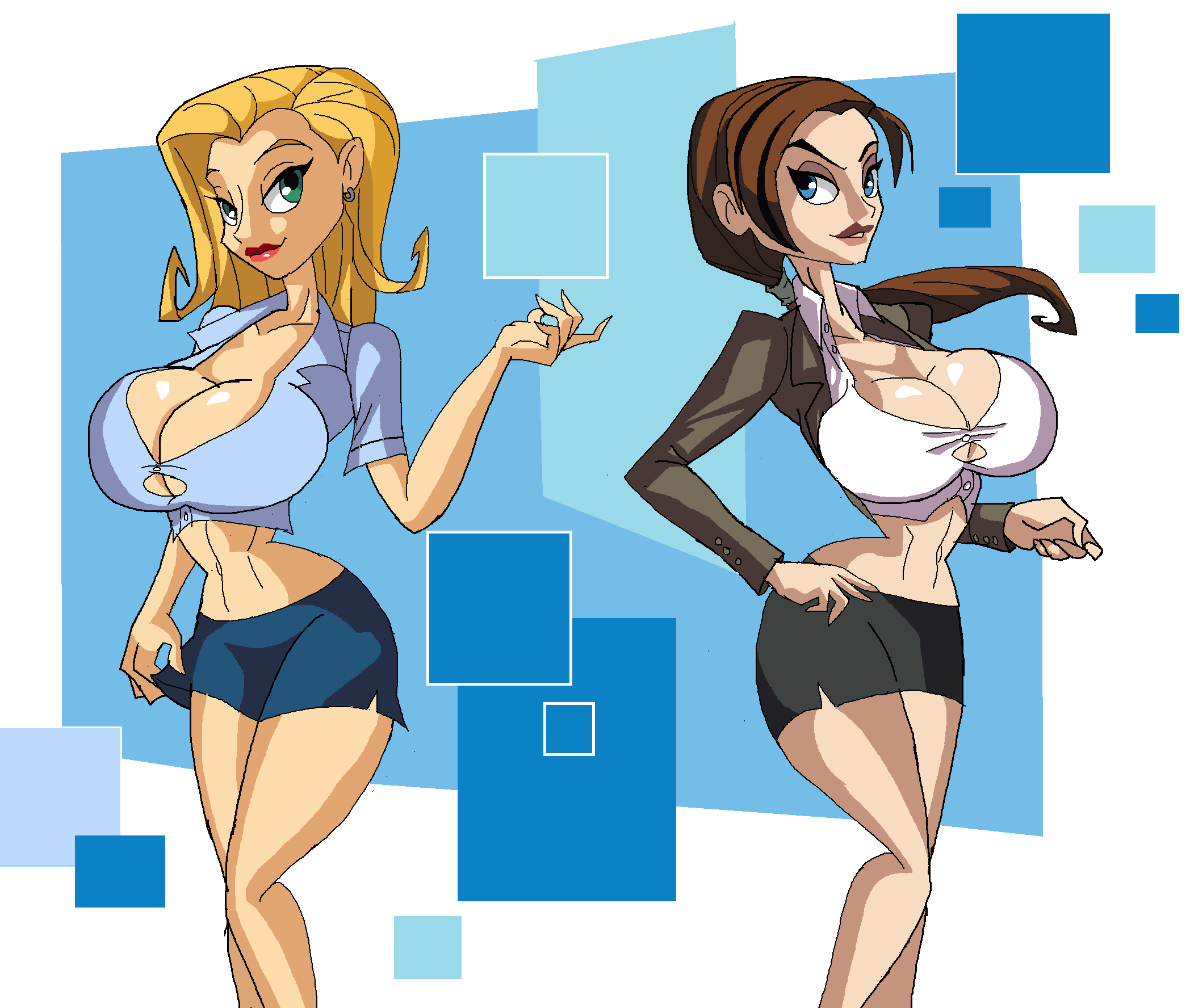 2girls arms_up belly_button belly_visible_through_clothing bellybutton big_breasts black_skirt blonde_hair blue_eyes blue_shirt blue_skirt breasts brown_hair busty cleavage commission cristopheros curvy detailed_background diana duo earrings female female_only females females_only front_view green_eyes hourglass_figure human lipstick long_hair looking_at_another looking_at_viewer manic47 melissa midriff miniskirt multiple_females multiple_girls original_character ponytail pose posing shiny shiny_skin short_hair skirt smile smiling smiling_at_another smiling_at_viewer standing stomach tight_clothing voluptuous white_shirt wide_hips yellow_hair yuri