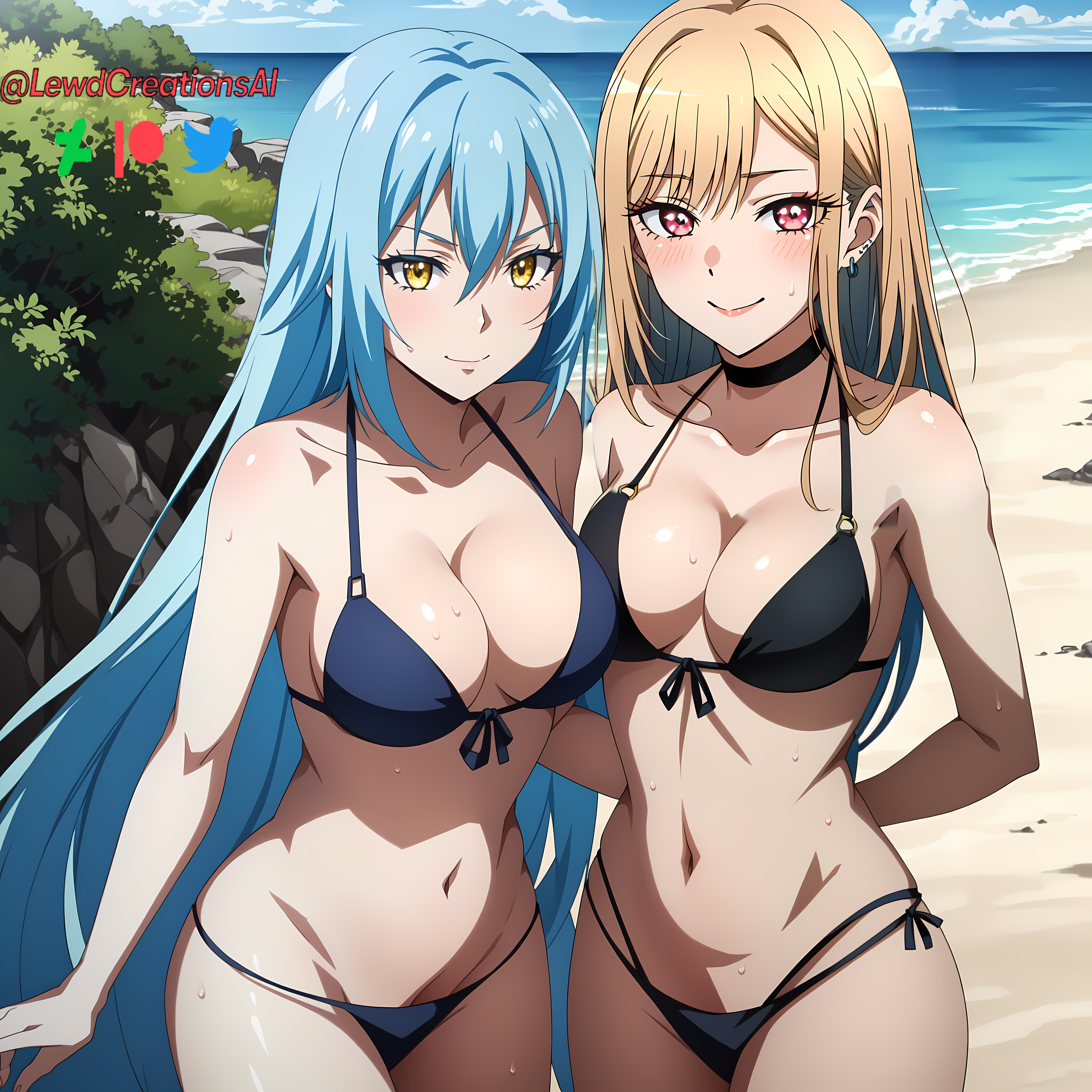 2girls, ai generated, arms behind back, beach, big breasts, bikini, bikini bottom, bikini top, blonde female, blonde hair, blue hair, blush, breasts, choker, cleavage, crossover, female, female only, kitagawa marin, lewdcreationsai, looking at viewer, multiple females, multiple girls, navel, outdoors, outside, red eyes, rimuru tempest, smile, smirk, smirking at viewer, sono bisque doll wa koi wo suru, tensei shitara slime datta ken, yellow eyes