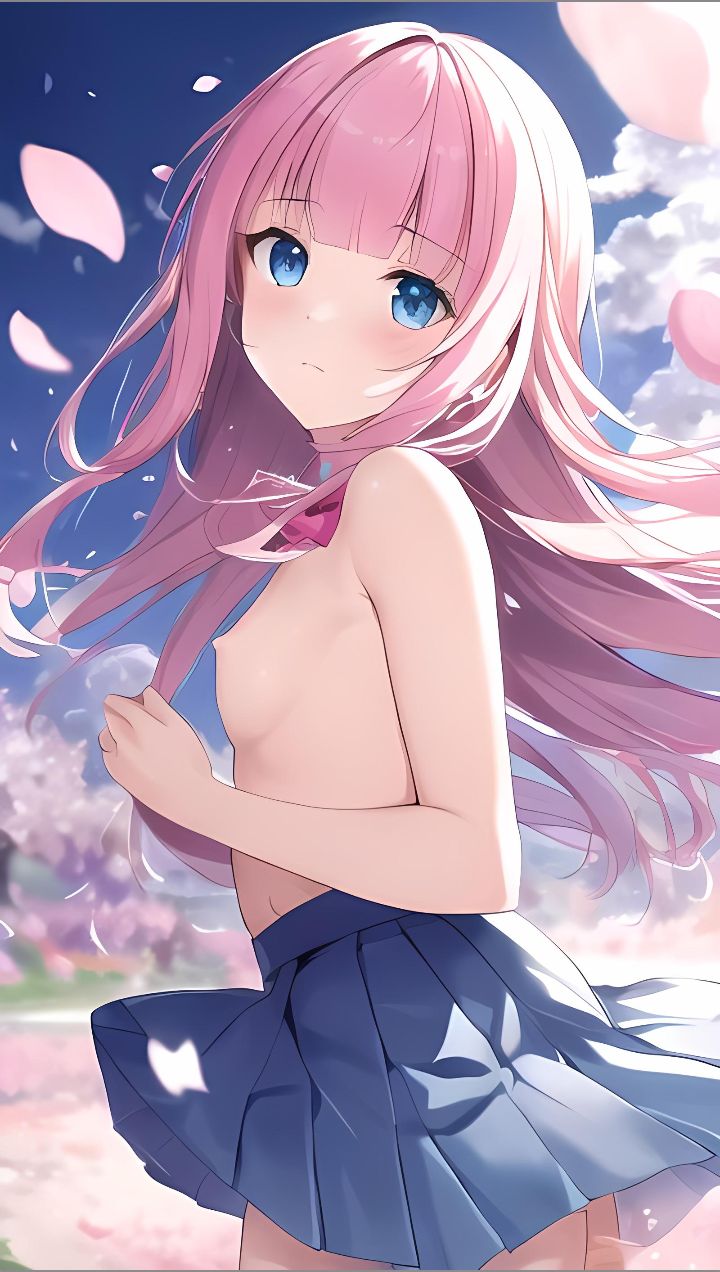 1girls ai_generated blue_eyes blue_skirt cloud clouds hair handkerchief highres long_hair medium_breasts no_bra petals pink_hair pink_trees sad shirtless_(female) shirtless_female skirt sky small_mouth solo_female tree