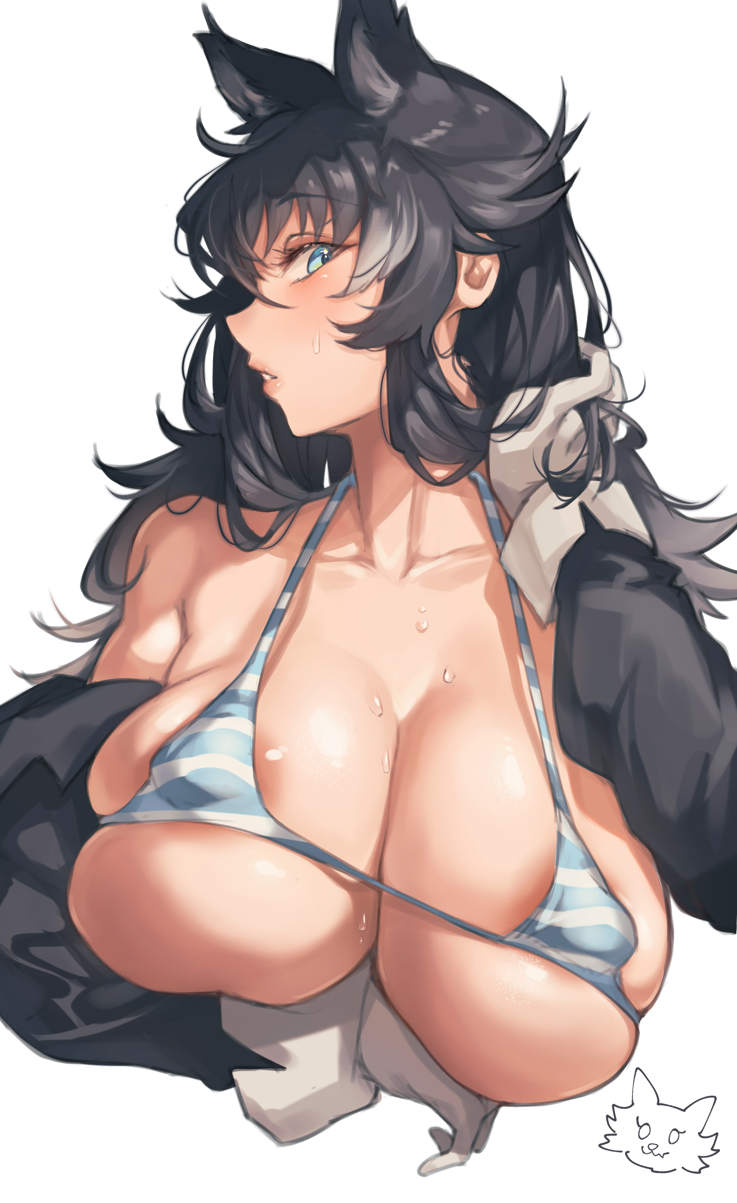 animal ears, aqua eyes, areola slip, bikini, black hair, breasts, collarbone, eipelppa, female, grey wolf (kemono friends), huge breasts, iepelppa, iparuputsua, ipelppa, jacket, kemono friends, micro bikini, nipple bulge, nipples, striped bikini, sweat