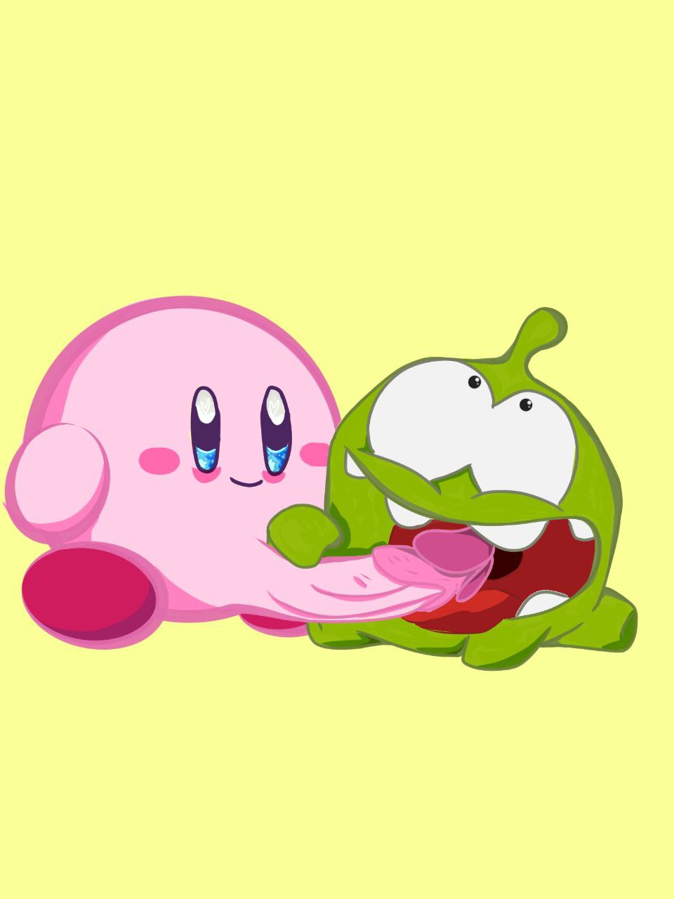 crossover cut_the_rope duo kirby kirby_(series) kirby_the_star om_nom om_nom_and_kirby penis pink_penis simple_background sucking weird_crossover why yellow_background