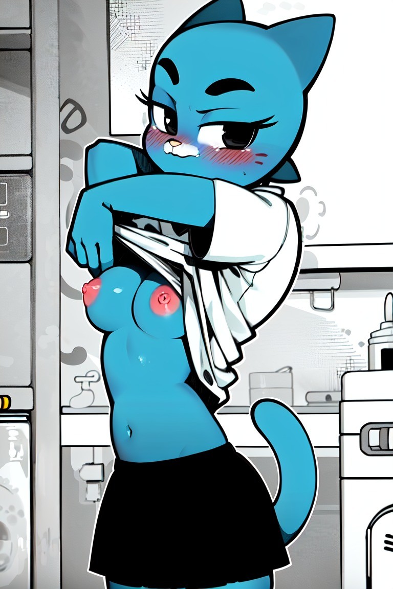 1girls ai_generated anthro belly_button blue_fur blush breasts cat_humanoid exposed_breasts eyelashes female female_only furry furry_only kitchen lifting_shirt looking_at_viewer nicole_watterson pink_nipples shizmaboof skirt solo solo_female the_amazing_world_of_gumball undressing