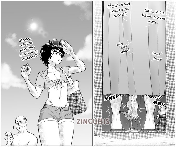 beach, dark, english text, feet, femboy, gay, hair, kei (zincubis), male, male/male, older male, shower, soles, thong straps, toes, younger male, zincubis