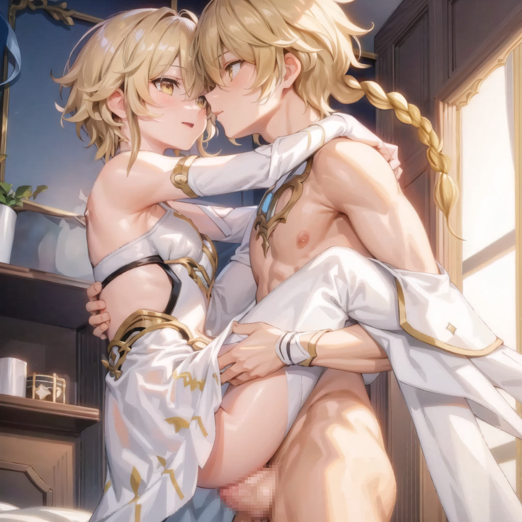 aether_(genshin_impact) ai_generated blonde_hair braided_hair brother_and_sister censored clothed_female clothed_female_nude_male clothing gabrail genshin_impact hand_on_hip hand_on_neck hi_res highres holding incest looking_at_another lumine_(genshin_impact) neutral_expression nude nude_male penetration penis sex short_hair siblings twincest twins yellow_eyes