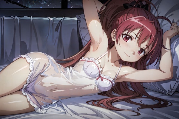 ai generated, female, female focus, female only, laying down, laying on bed, long ponytail, magical girl, mahou shoujo madoka magica, night gown, on bed, petite, petite body, petite female, pillow, ponytail, puella magi madoka magica, red eyes, red hair, sakura kyouko, solo, solo female, solo focus, stable diffusion