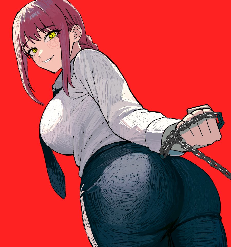 1girls ass big_butt black_necktie black_pants braid braided_hair braided_ponytail breasts brown_hair butt chain_leash chains chainsaw_man curvy dat_ass dominant_female female femdom fringe ginger holding holding_leash huge_butt large_breasts leash light-skinned_female looking_at_viewer looking_back makima_(chainsaw_man) mappa mature_female mature_woman necktie office_clothing pants petite petplay ponytail presenting_ass red_background red_hair ringed_eyes roleplay school_uniform schoolgirl seductive_look shirt shirt_tucked_in sidelocks simple_background smile solo thick_ass thick_thighs tucked_shirt unusual_pupils viewed_from_below white_shirt wide_hips yellow_eyes zeon_(zzeeonn)