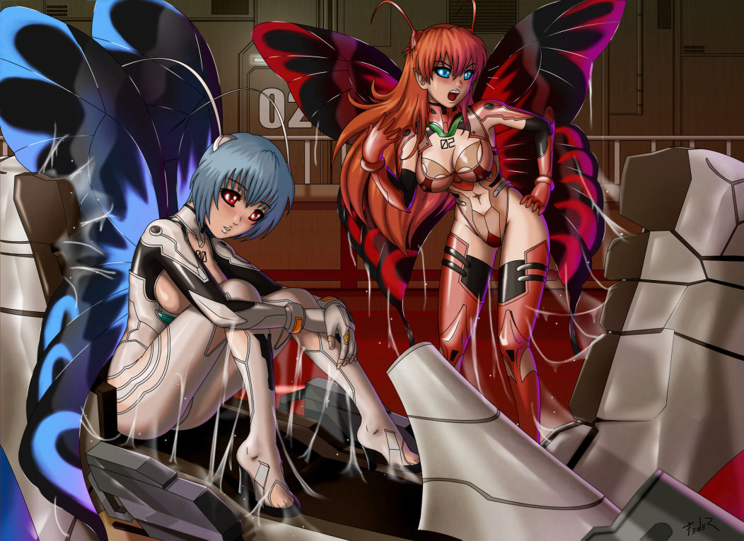 2girls, after transformation, antennae, ass, asuka langley sohryu, blue hair, bodysuit, breasts, butterfly wings, fairy, fairy wings, female, huge ass, huge breasts, humanoid, light skin, light-skinned female, long hair, neon genesis evangelion, orange hair, pilot suit, plugsuit, post-transformation, rei ayanami, revealing clothes, short hair, stormfeder, thick thighs, transformation, wide hips, wings