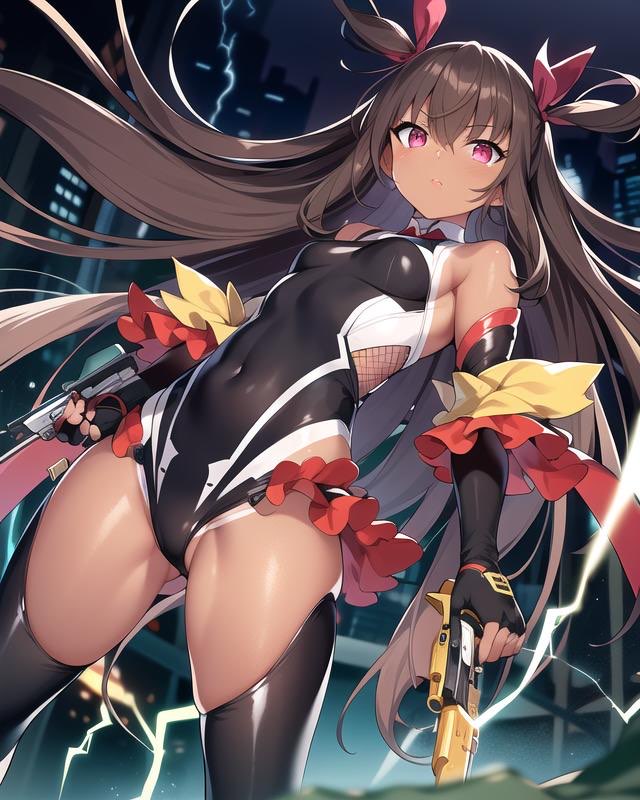 ai generated, breasts, brown hair, city background, cityscape, dark skin, dark-skinned female, female, frills, guns, hair ribbon, high resolution, highres, leotard, looking at viewer, mizuki yukikaze, nai diffusion, ninja, purple eyes, skyrimgamer17, small breasts, stable diffusion, taimanin (series), thighhighs, twintails