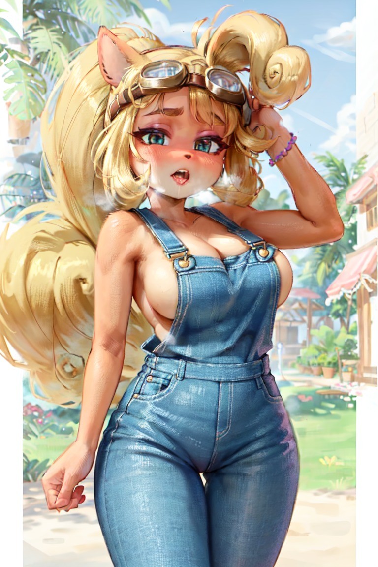 ai_generated anthro armpits blonde_female blonde_hair blush cleavage clothed_female coco_bandicoot crash_(series) female furry furry_only goggles_on_head long_hair mouth_open overalls overalls_only ponytail shizmaboof solo solo_female straight_hair