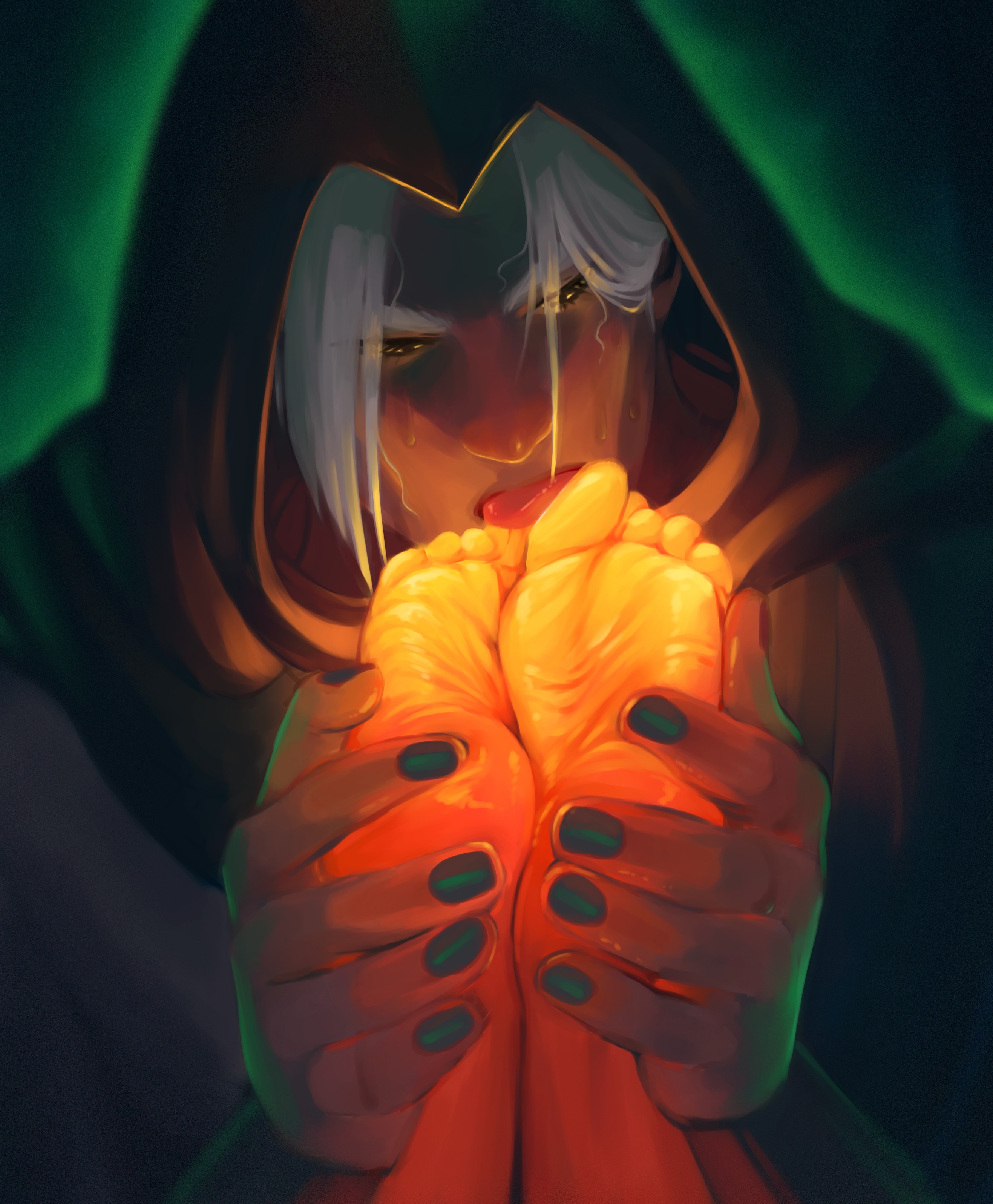 2boys, black nail polish, black nails, canon couple, feet, feet licking, foot fetish, foot focus, foot lick, foot worship, gay, gay male, hades (game), kukkiisart, male, male only, nail polish, painted nails, thanatos (hades), toes, white hair, yaoi, zagreus