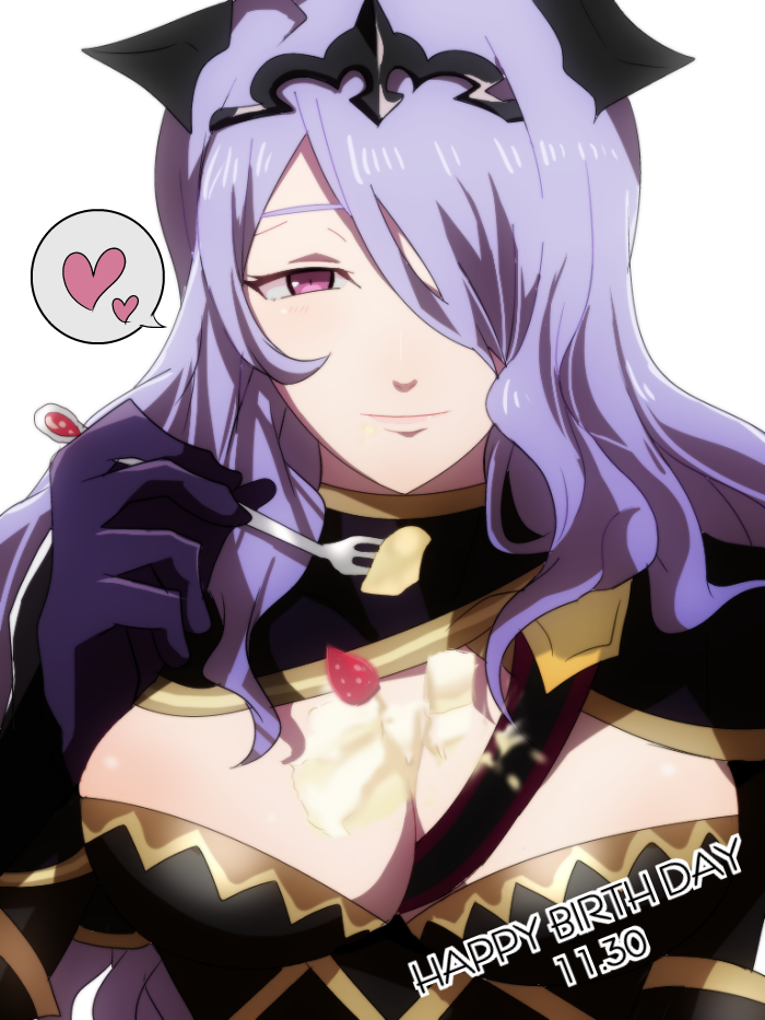 1girls birthday_cake black_tiara breasts cake camilla_(fire_emblem) cleavage female female_only fire_emblem fire_emblem_fates food food_on_body food_on_breasts food_play fork hair_over_one_eye happy_birthday heart horns large_breasts nintendo pink_eyes purple_hair rem_(eyes_410) smile solo upper_body