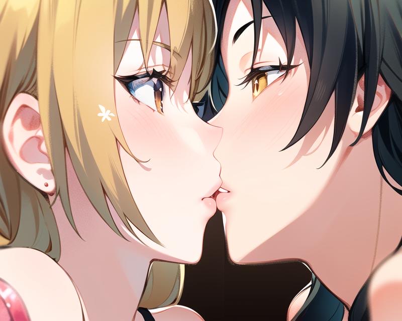 2girls after_sex ai_generated black_hair blonde_hair brown_eyes close-up earrings hentai high_resolution highres ichinose_riko kaori_sakaki kissing lesbian_kiss nai_diffusion pov ran_sem rin_x_sen_+_ran_-_sem_cross_mix shiny_hair shiny_skin skyrimgamer17 stable_diffusion yuri