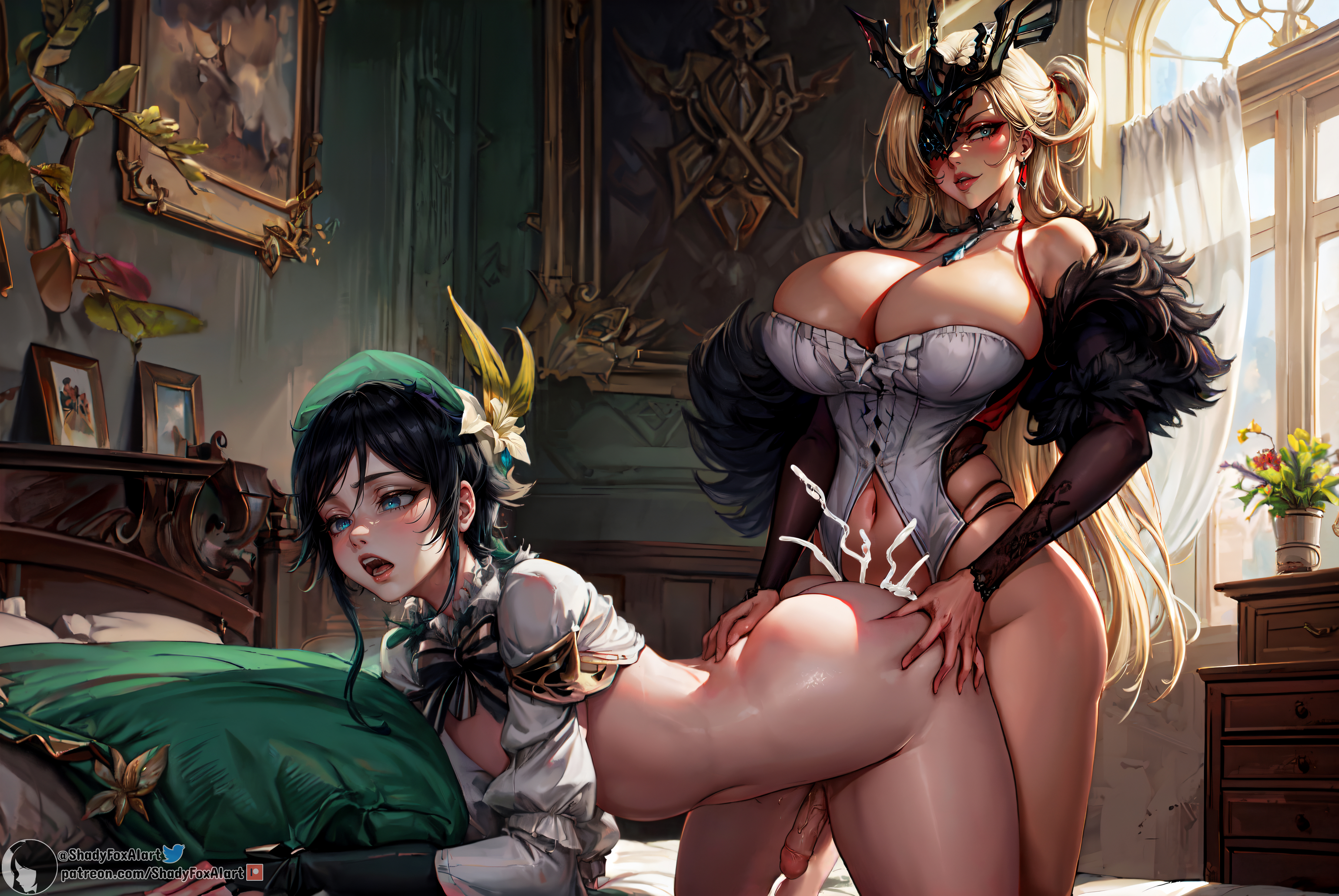 1boy, 1futa, 2023, ai generated, all fours, ass, ass grab, bed, bedroom, big breasts, black hair, blonde hair, bottomless, breasts, cleavage, covered breasts, cum, cum inside, cum overflow, cum overflowing, cum while penetrated, curtains, curvaceous, curvy, day, daytime, detached sleeves, doggy style, dominant futa, ejaculating while penetrated, ejaculation, femboy, fur trim, furniture, futa on male, futa penetrating, futa penetrating male, futa/male, futanari, genshin impact, green eyes, high resolution, highres, hips, huge breasts, implied anal, implied futa, indoors, intersex, jacket, lips, looking at viewer, looking away, looking pleasured, male, male/futa, mask, masked, masked futa, navel, open mouth, otoko no ko, parted lips, penetration, penis, picture frame, pillow, plant, potted plant, self upload, sex, sex from behind, shadyfox, short hair, signora (genshin impact), stable diffusion, submissive male, sunlight, teeth, teeth showing, teeth visible, thick thighs, thighs, tongue, upper teeth, venti (genshin impact), wide hips, window