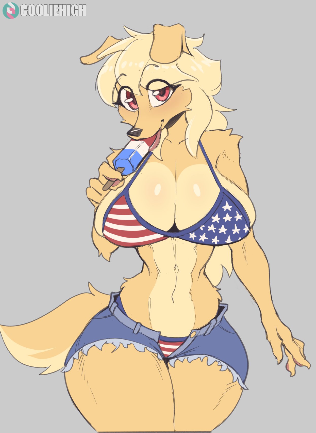 american_flag_bikini anthro big_hips bikini_top booty_shorts breast canid canine clothed cooliehigh furry pepper_(cooliehigh) red_eyes