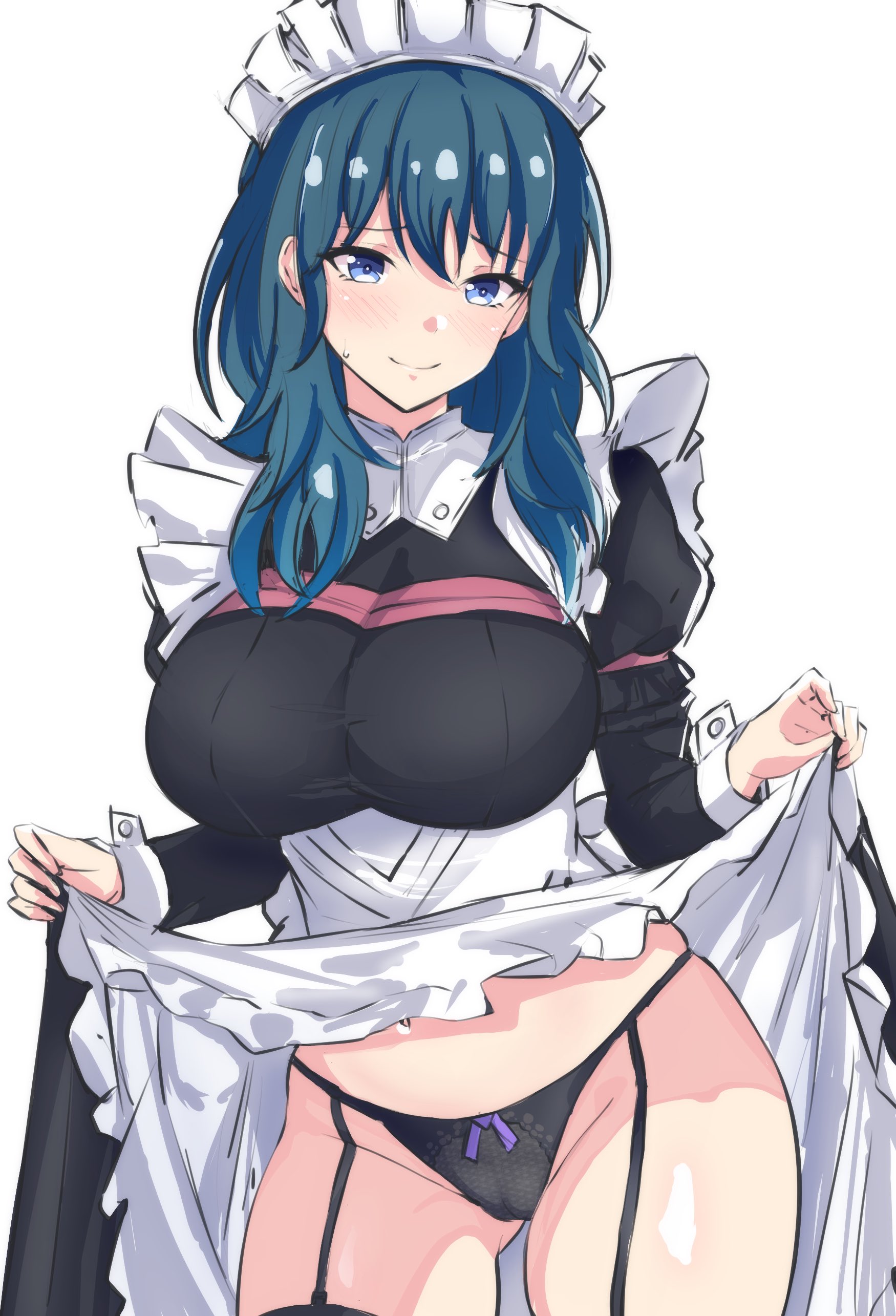1girls, absurdres, alternate costume, apron, ass visible through thighs, bare thighs, black panties, blue eyes, blue hair, blush, breasts, byleth (fire emblem), byleth (fire emblem) (female), clothes lift, female, female only, fire emblem, fire emblem: three houses, frilled apron, frills, garter straps, gloves, hair between eyes, half gloves, headband, highres, large breasts, latte daruta2, lifted by self, long hair, looking at viewer, maid, maid apron, maid headdress, medium hair, nintendo, panties, puffy sleeves, shiny skin, skirt, skirt lift, solo, sweatdrop, thick thighs, thighs, thong, underwear, upskirt, white apron