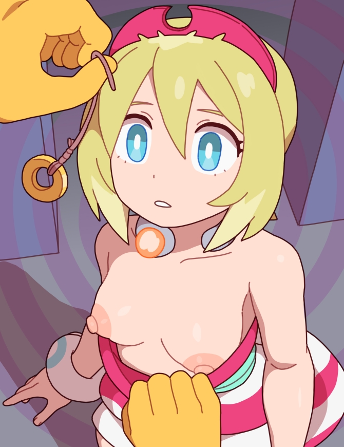 1girls, blue eyes, breasts, breasts out, expressionless, female, feral pov, headband, hypno, hypnosis, irida (pokemon), kabeume, mind control, nintendo, pendulum, pokemon, pokemon (species), pokemon legends: arceus, pokephilia, pov, pov hands, shirt pull, short blonde hair