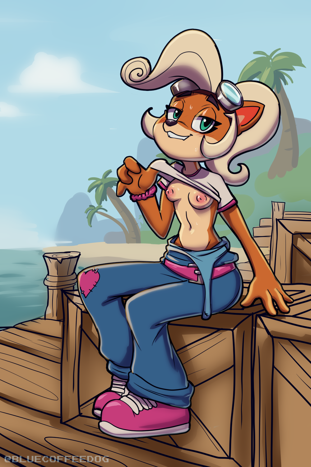 2023 activision bandicoot beach biting_lip blonde_hair bluecoffeedog breasts brown_fur coco_bandicoot crash_(series) female female_focus female_only furry green_eyes naughty_dog nipples overalls shirt shirt_lift shoes sneakers tan_fur water