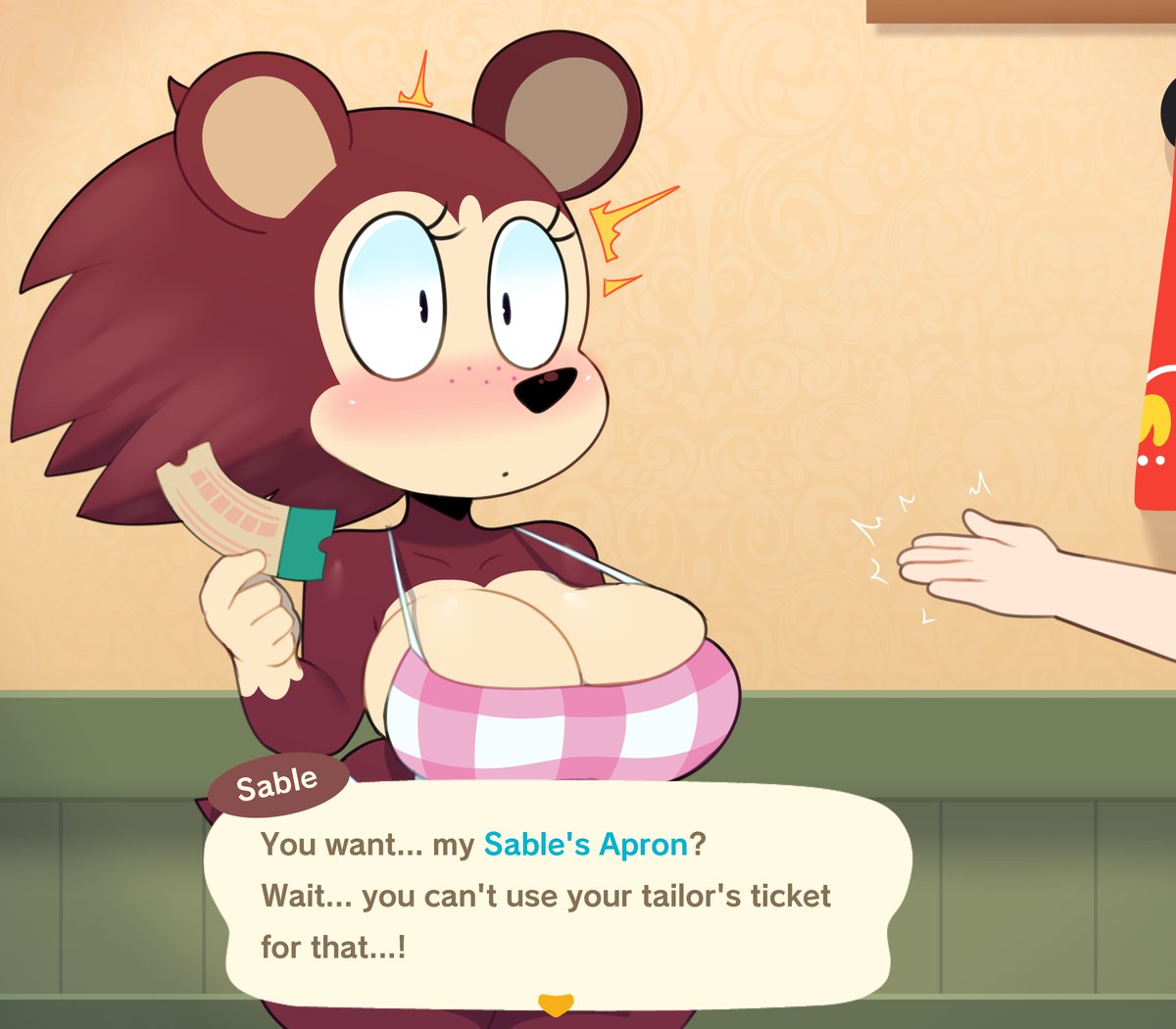 1girls animal_crossing apron apron_only big_breasts black_nose brown_body brown_fur brown_hair cleavage eyebrows female furry hedgehog large_breasts nintendo offscreen_character sable_able scrubforfun somescrub text text_bubble