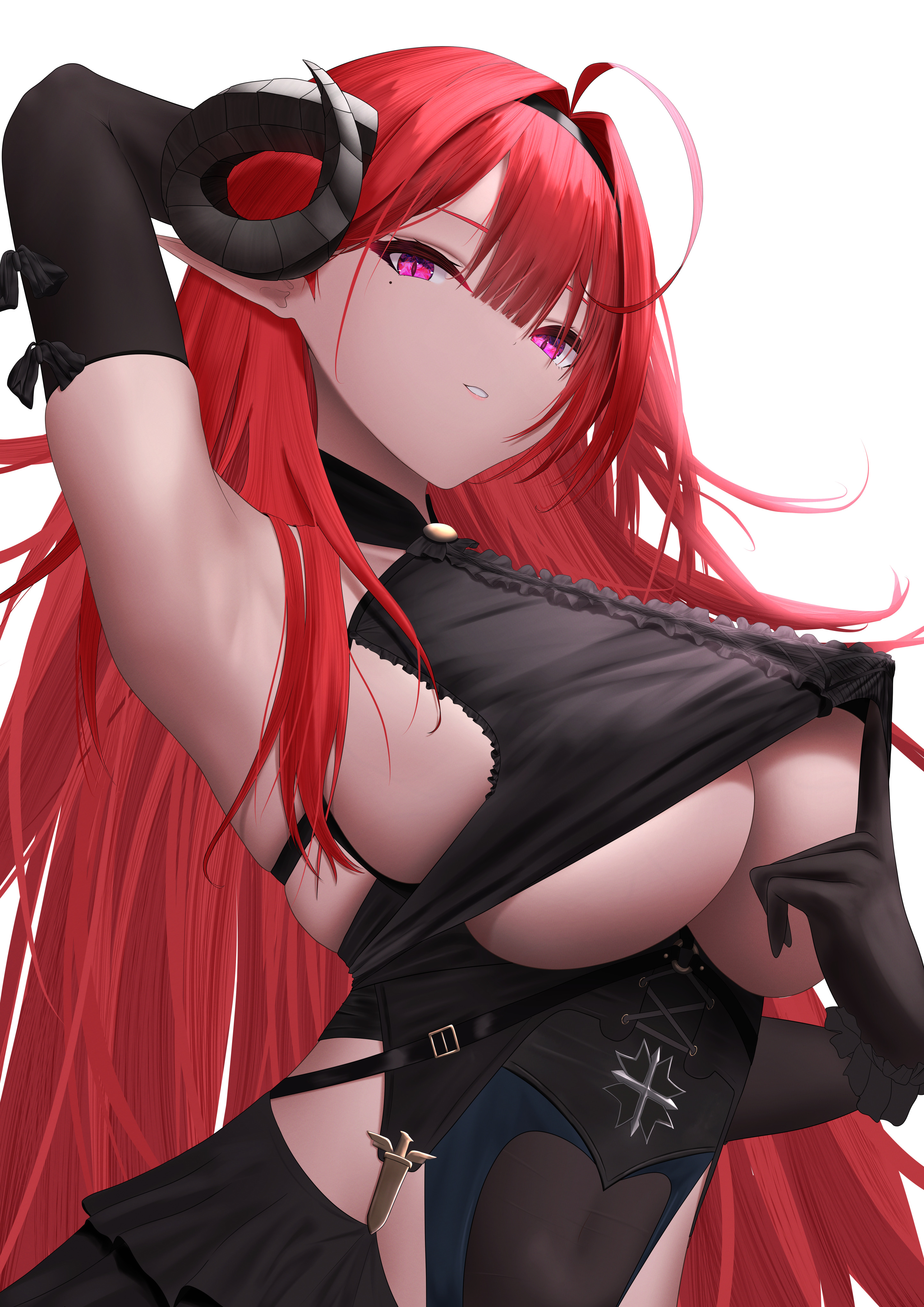 1girls, azur lane, beauty mark, black gloves, breasts, female, female only, gloves, hindenburg (azur lane), horns, huge breasts, inviting, iron blood (azur lane), light skin, light-skinned female, looking at viewer, pink eyes, red hair, sawtooth (sawtooth3388), seductive, solo, underboob, underboob cutout
