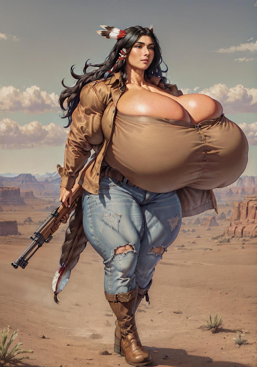 ai_generated big_breasts black_hair breasts enormous_breasts giant_breasts gigantic_breasts gun huge_breasts jeans large_breasts massive_breasts muscular muscular_arms muscular_body muscular_female muscular_legs muscular_thighs native_american